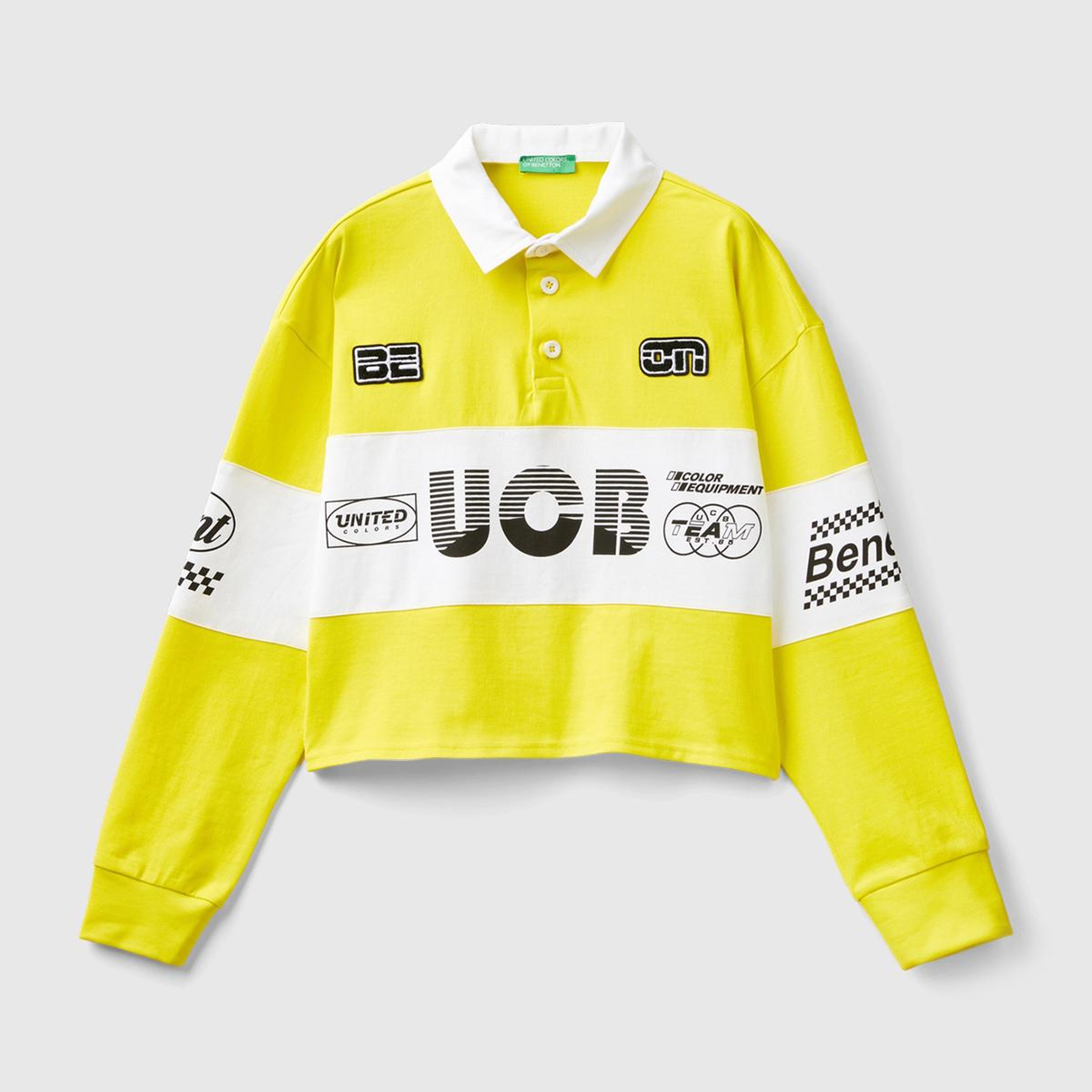 Kadın Sarı %100 Pamuk Logo Baskılı Renk Bloklu Polo Yaka Crop Sweatshirt