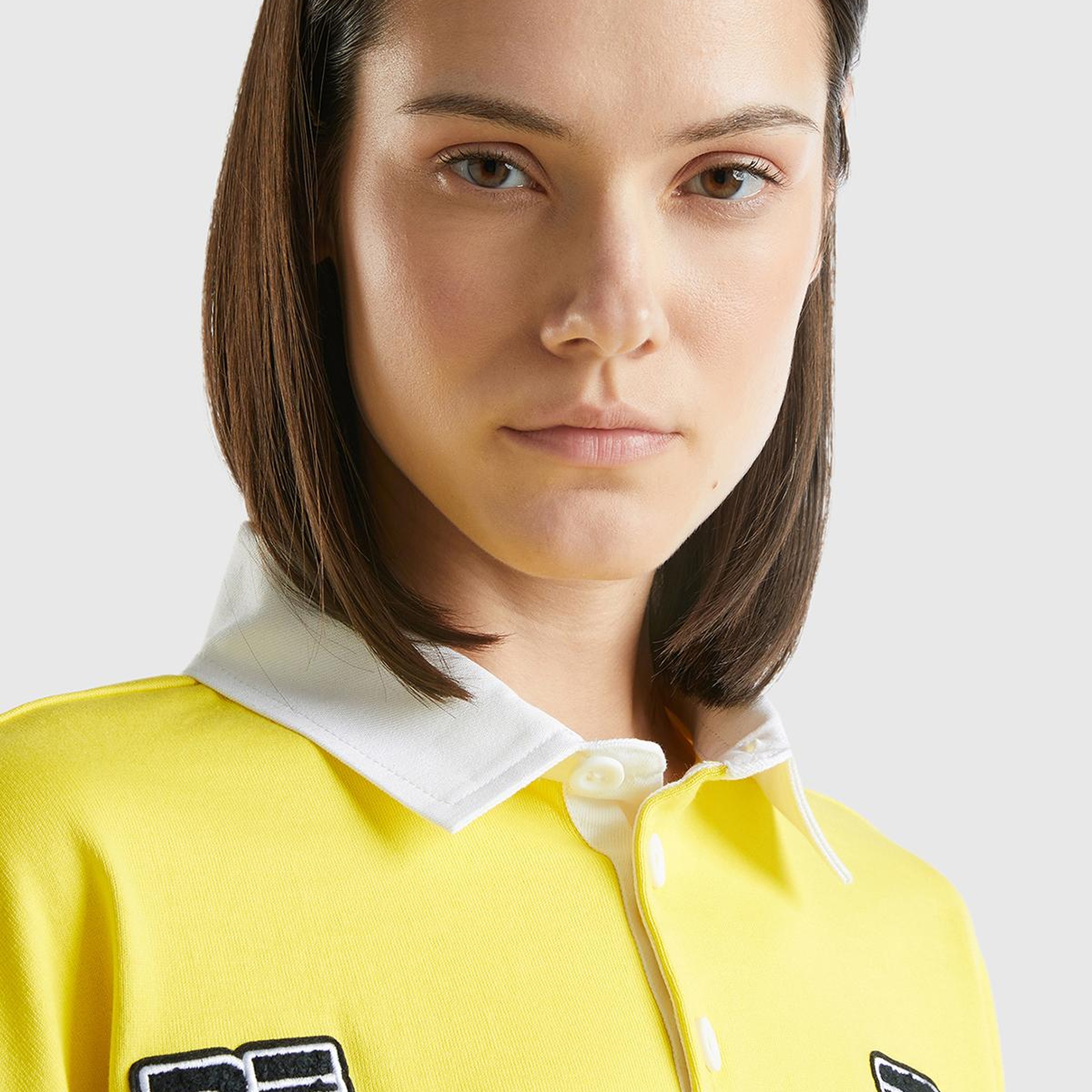 Kadın Sarı %100 Pamuk Logo Baskılı Renk Bloklu Polo Yaka Crop Sweatshirt