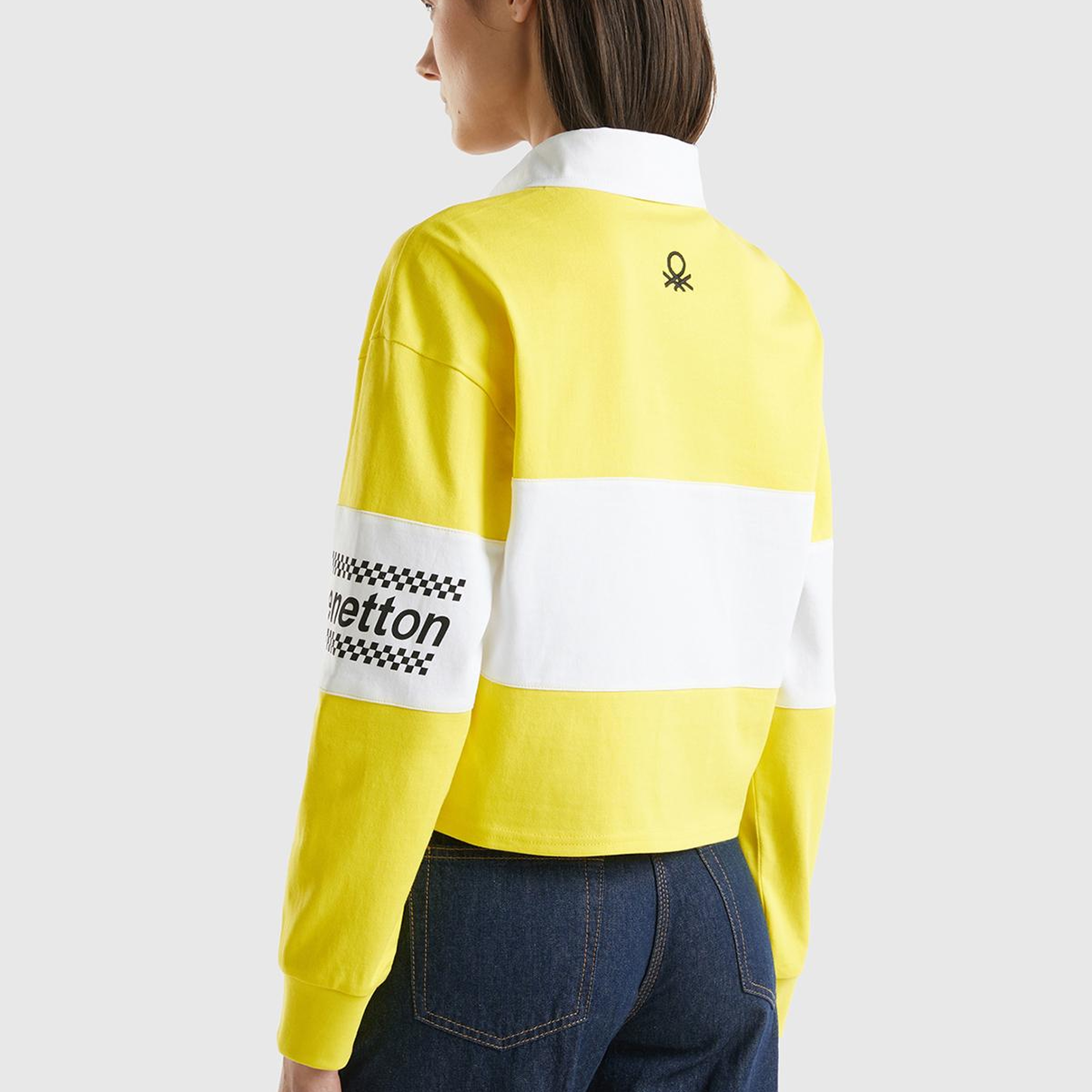 Kadın Sarı %100 Pamuk Logo Baskılı Renk Bloklu Polo Yaka Crop Sweatshirt