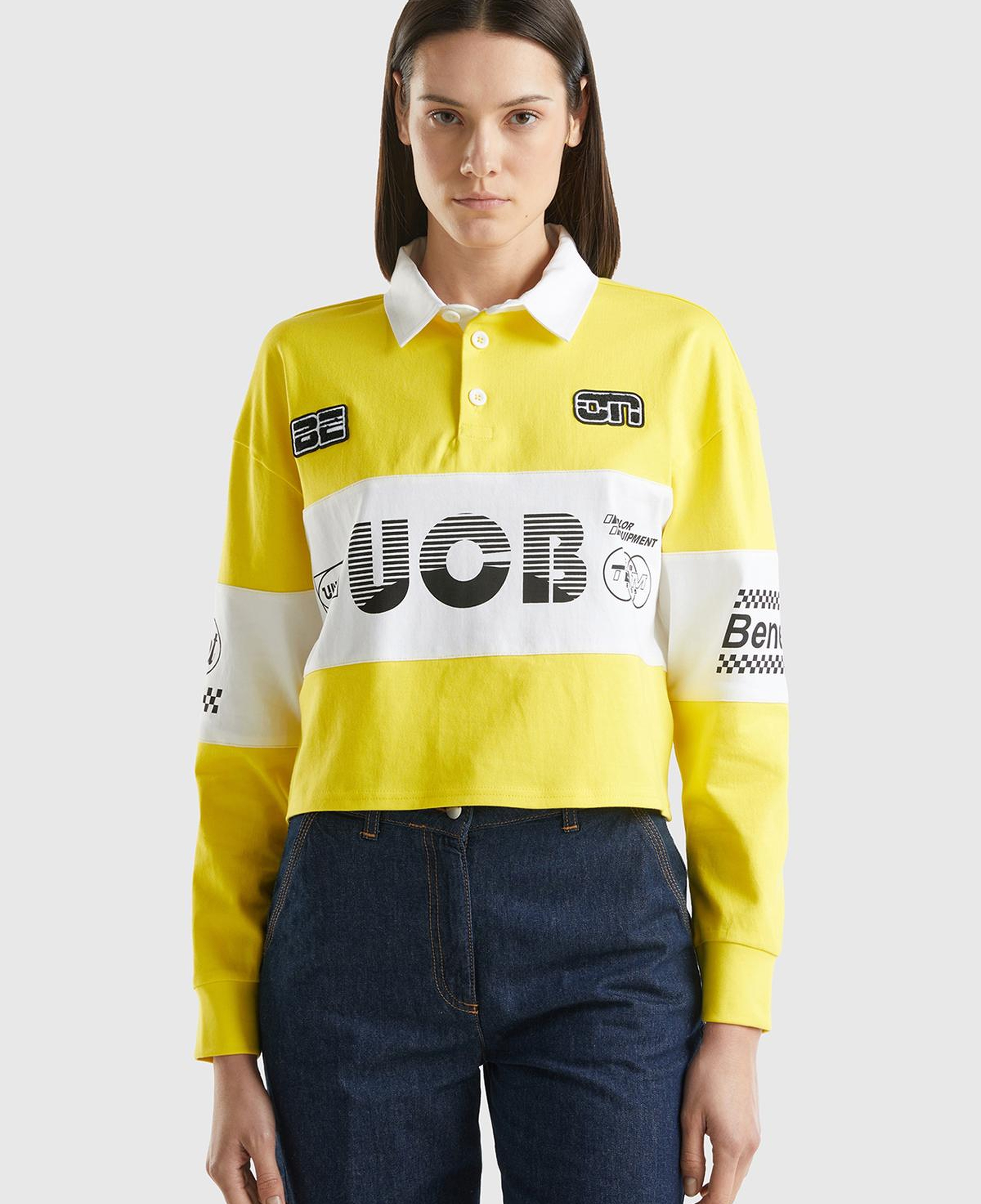 Kadın Sarı %100 Pamuk Logo Baskılı Renk Bloklu Polo Yaka Crop Sweatshirt