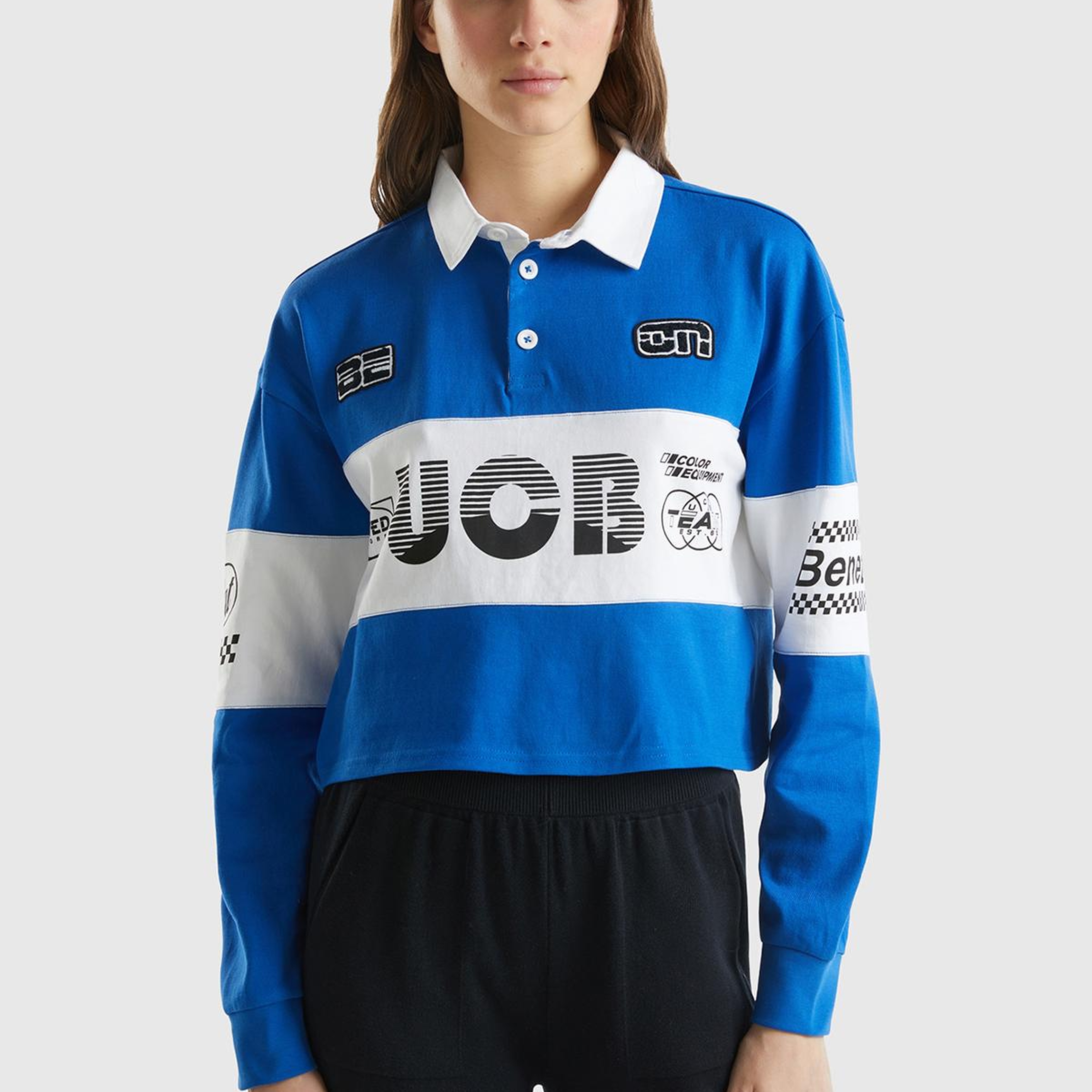 Kadın Saks Mavi %100 Pamuk Logo Baskılı Renk Bloklu Polo Yaka Crop Sweatshirt