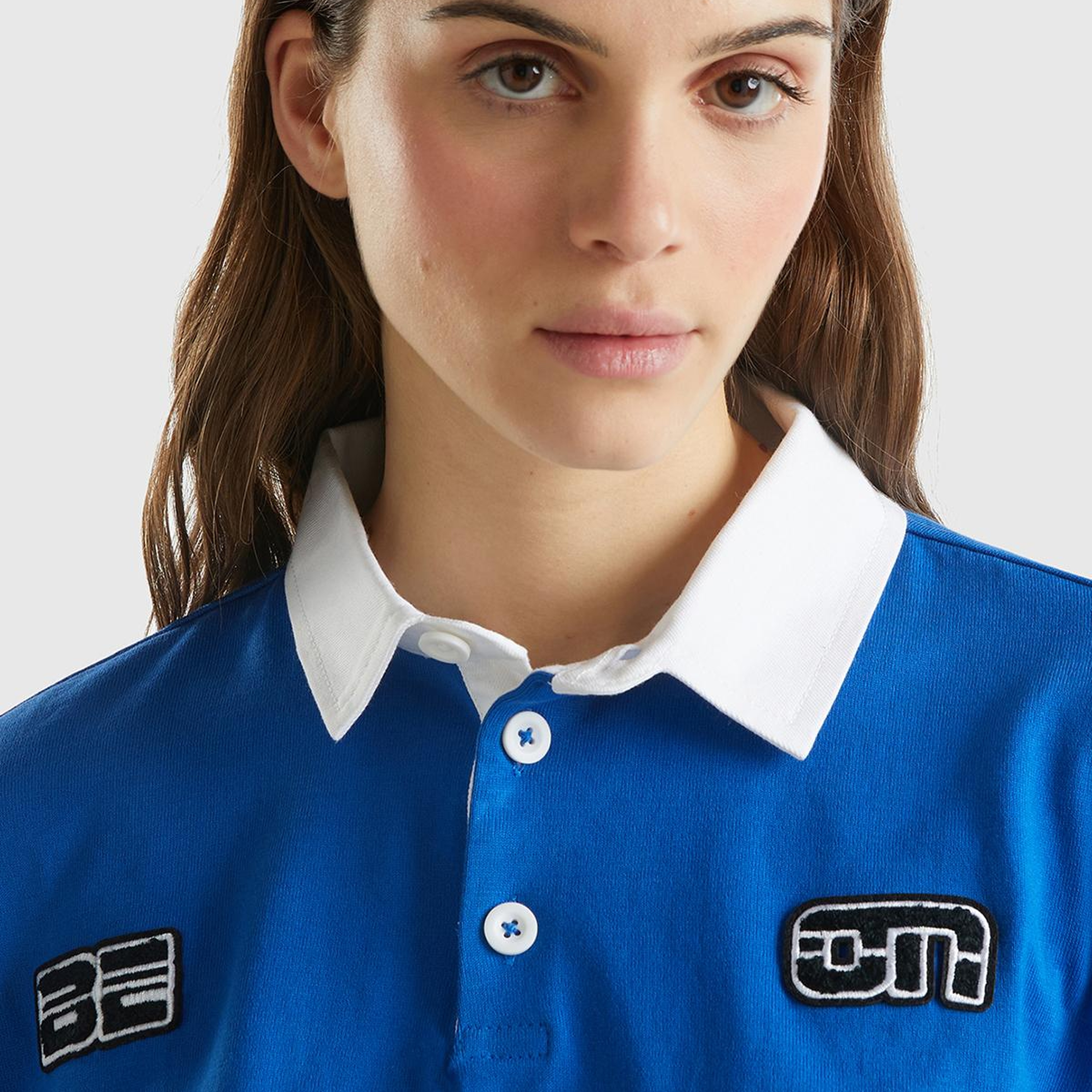 Kadın Saks Mavi %100 Pamuk Logo Baskılı Renk Bloklu Polo Yaka Crop Sweatshirt