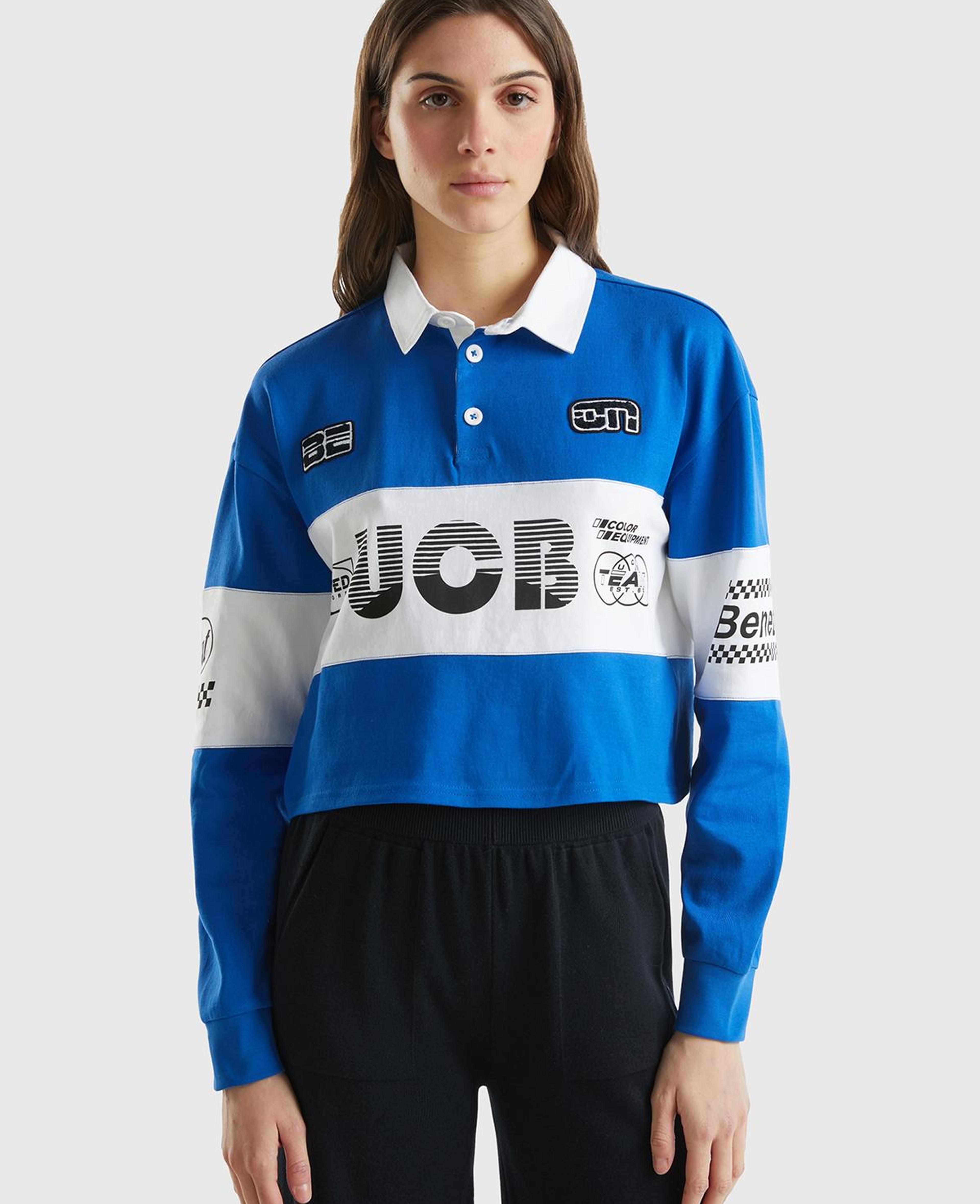 Kadın Saks Mavi %100 Pamuk Logo Baskılı Renk Bloklu Polo Yaka Crop Sweatshirt