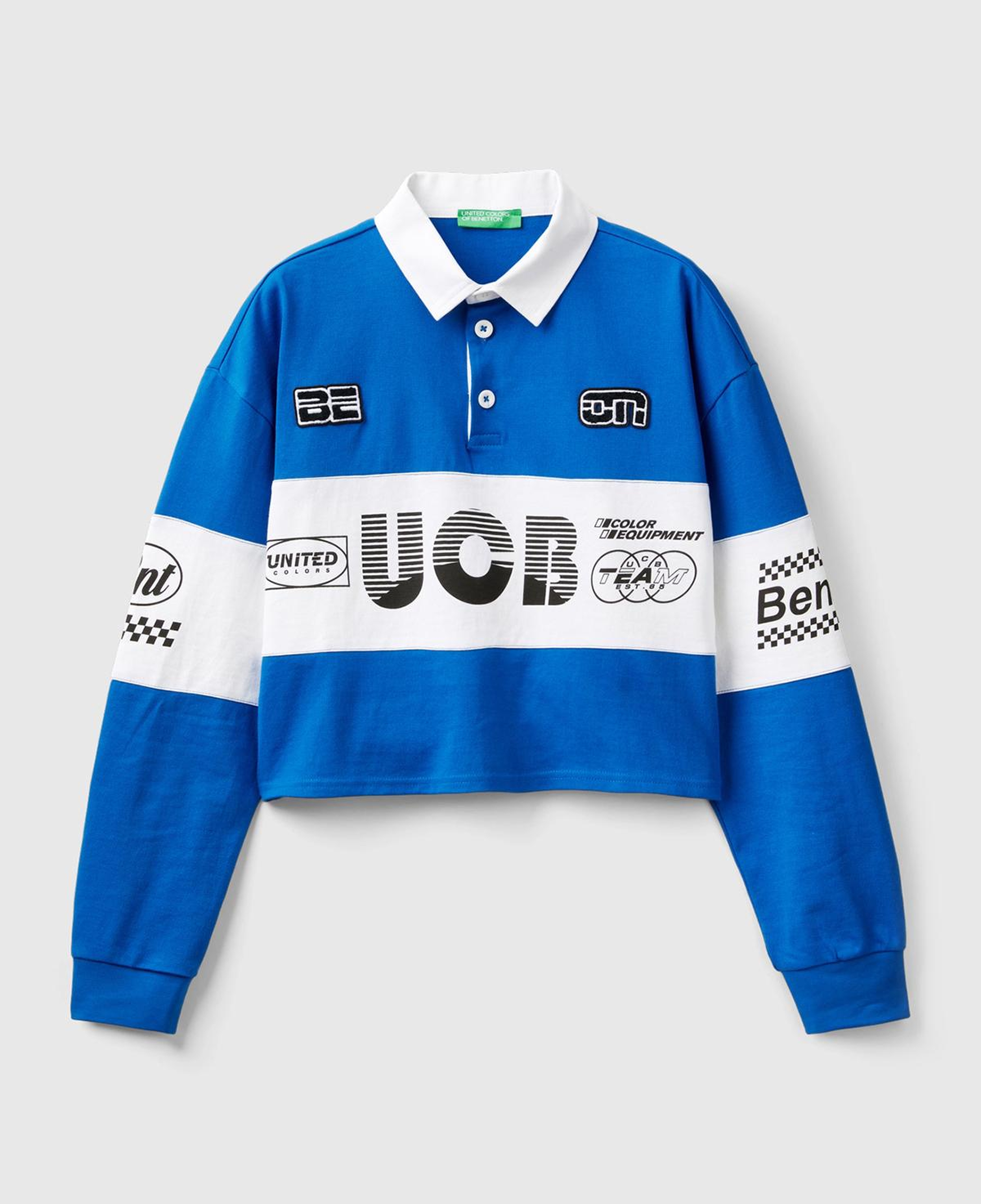 Kadın Saks Mavi %100 Pamuk Logo Baskılı Renk Bloklu Polo Yaka Crop Sweatshirt