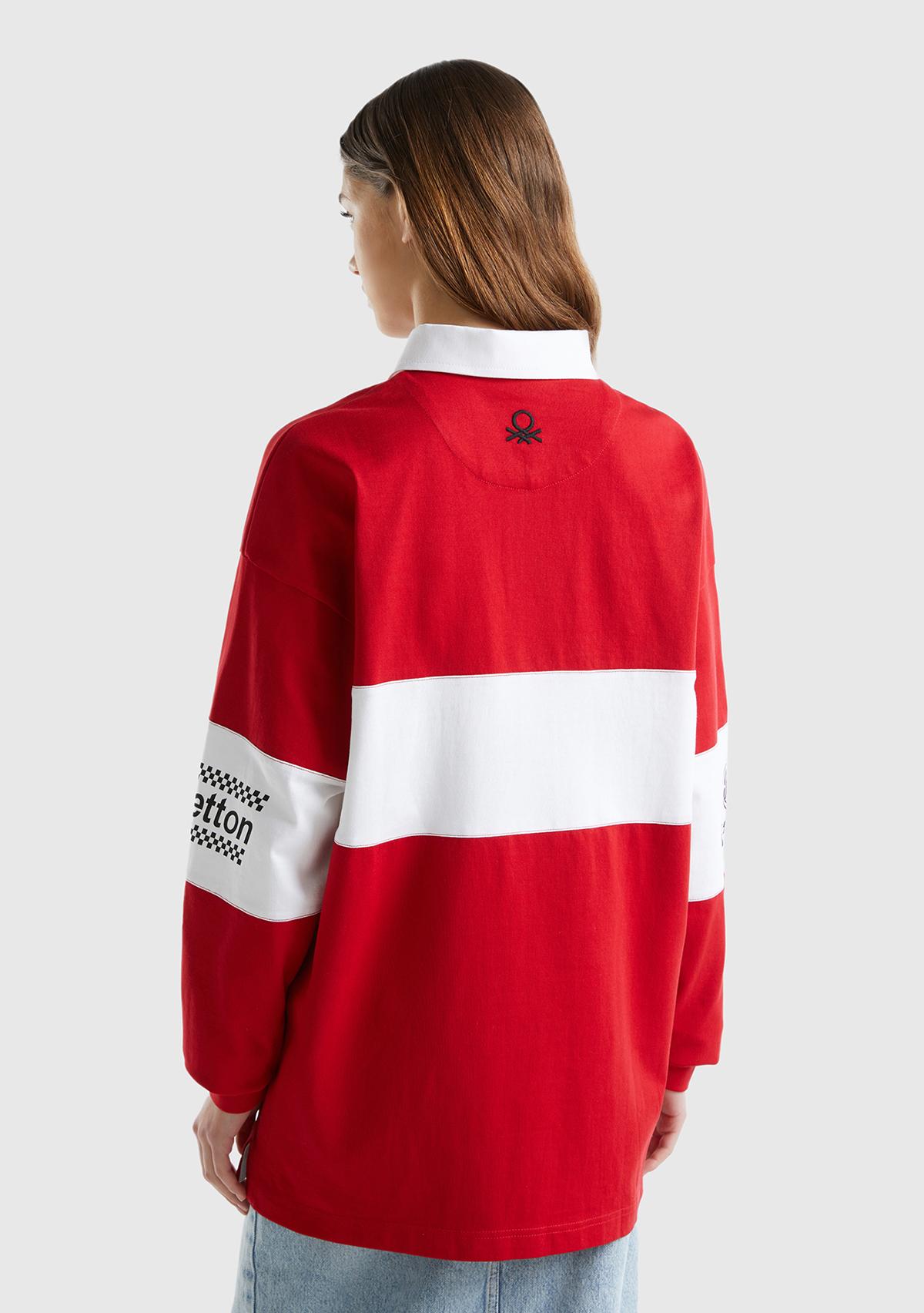 Unisex Kırmızı %100 Pamuk Logo Baskılı Polo Yaka Sweatshirt