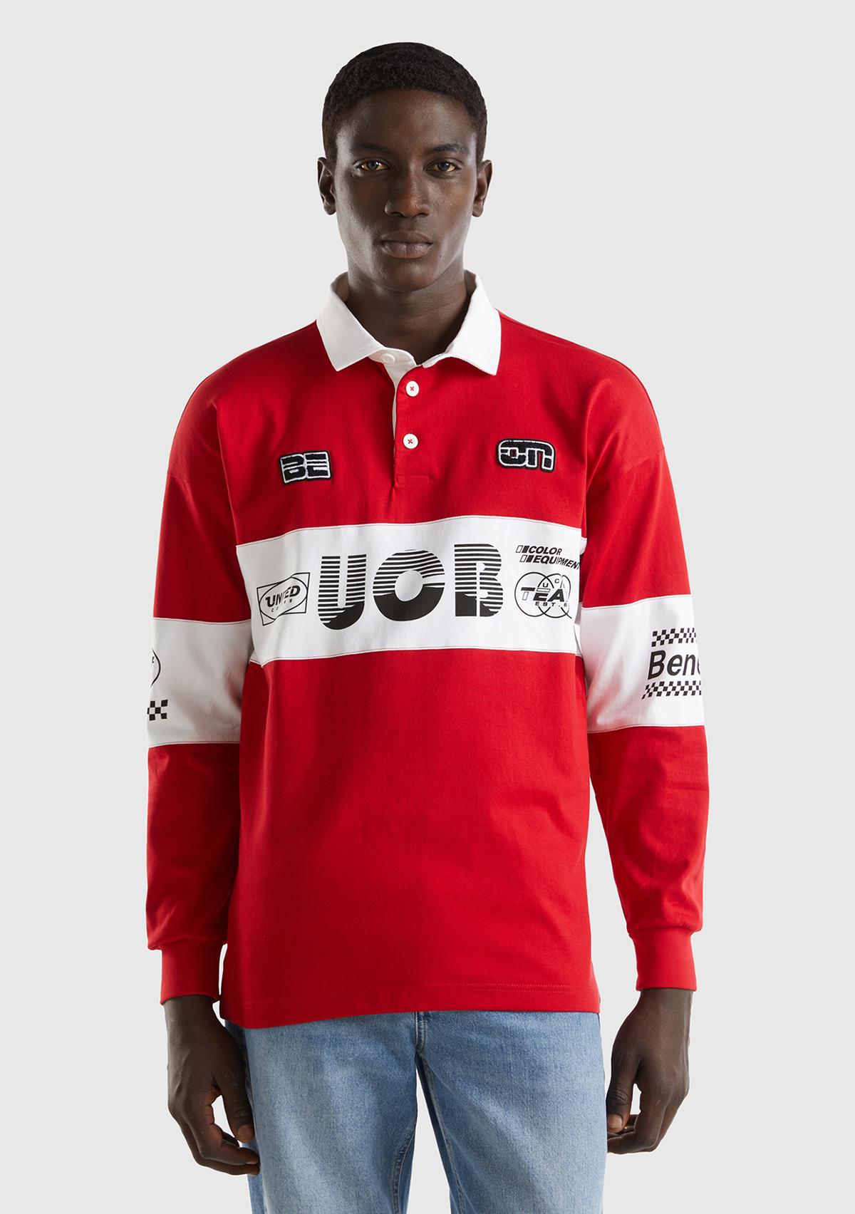 Unisex Kırmızı %100 Pamuk Logo Baskılı Polo Yaka Sweatshirt