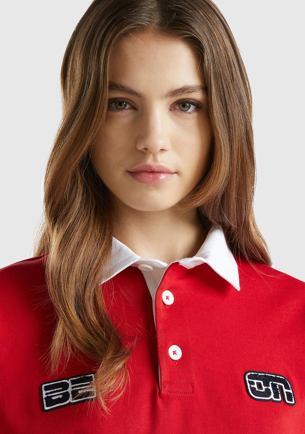 Unisex Kırmızı %100 Pamuk Logo Baskılı Polo Yaka Sweatshirt