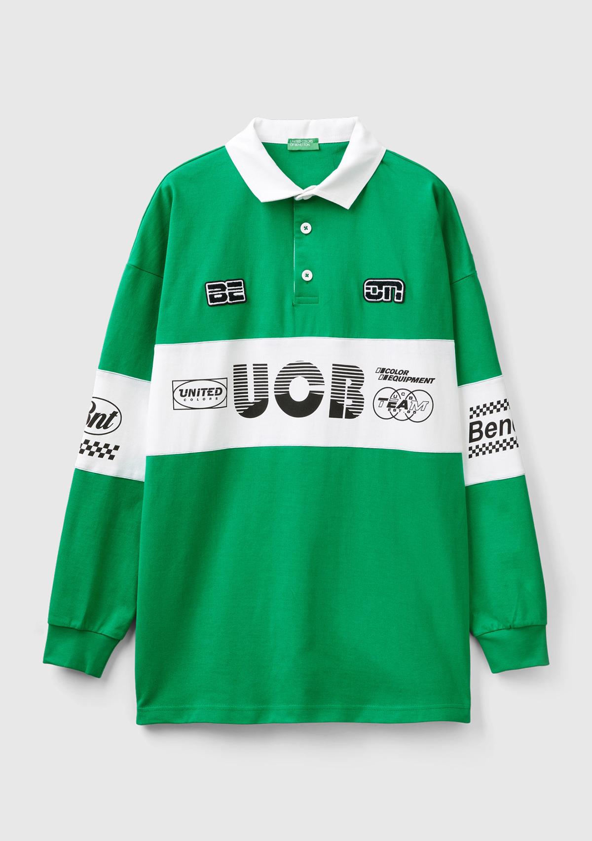 Unisex Yeşil %100 Pamuk Logo Baskılı Polo Yaka Sweatshirt