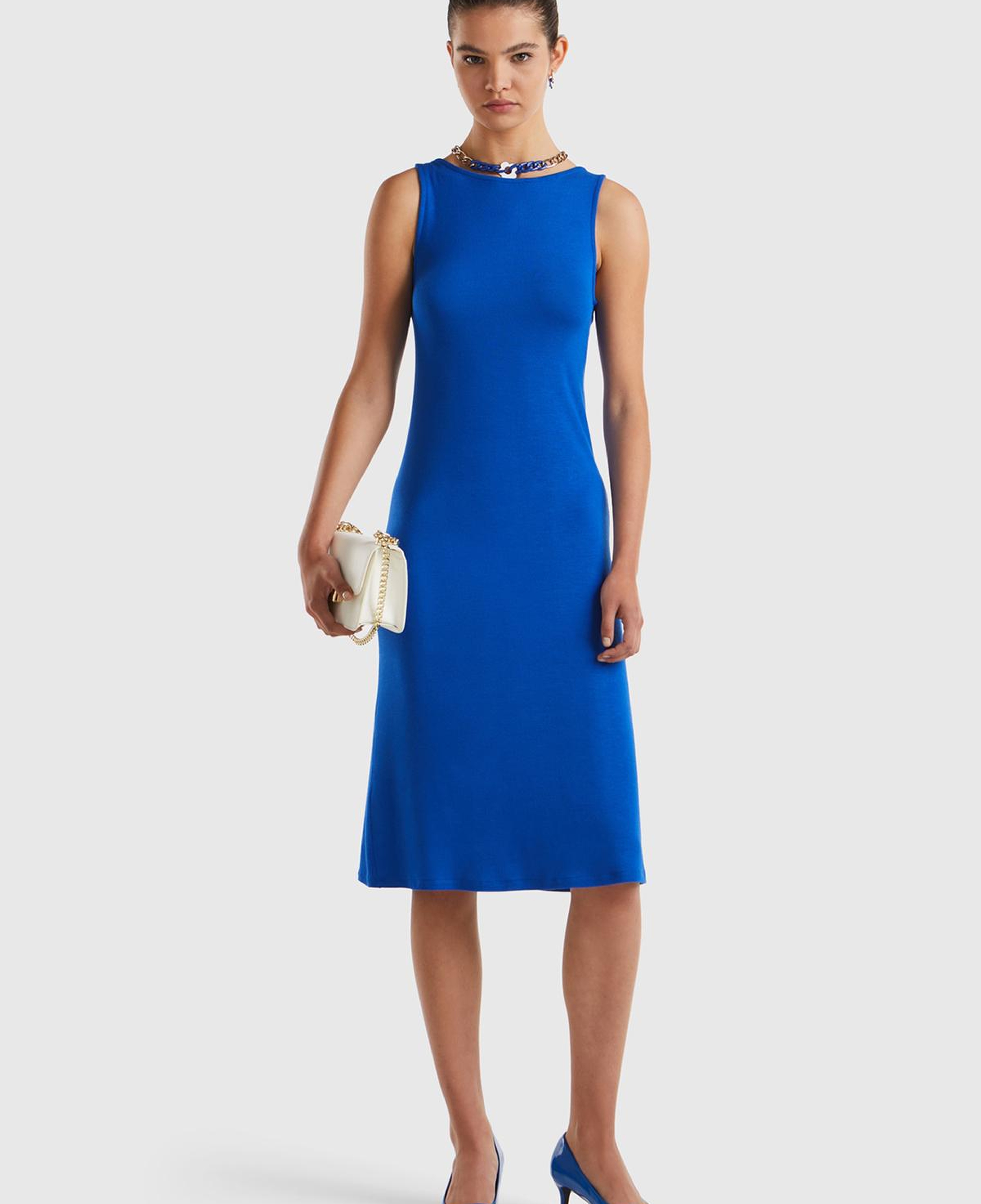 Kadın Saks Mavi Viskoz Karışımlı Arkası Üçgen ve Düğüm Detaylı Kolsuz Elbise