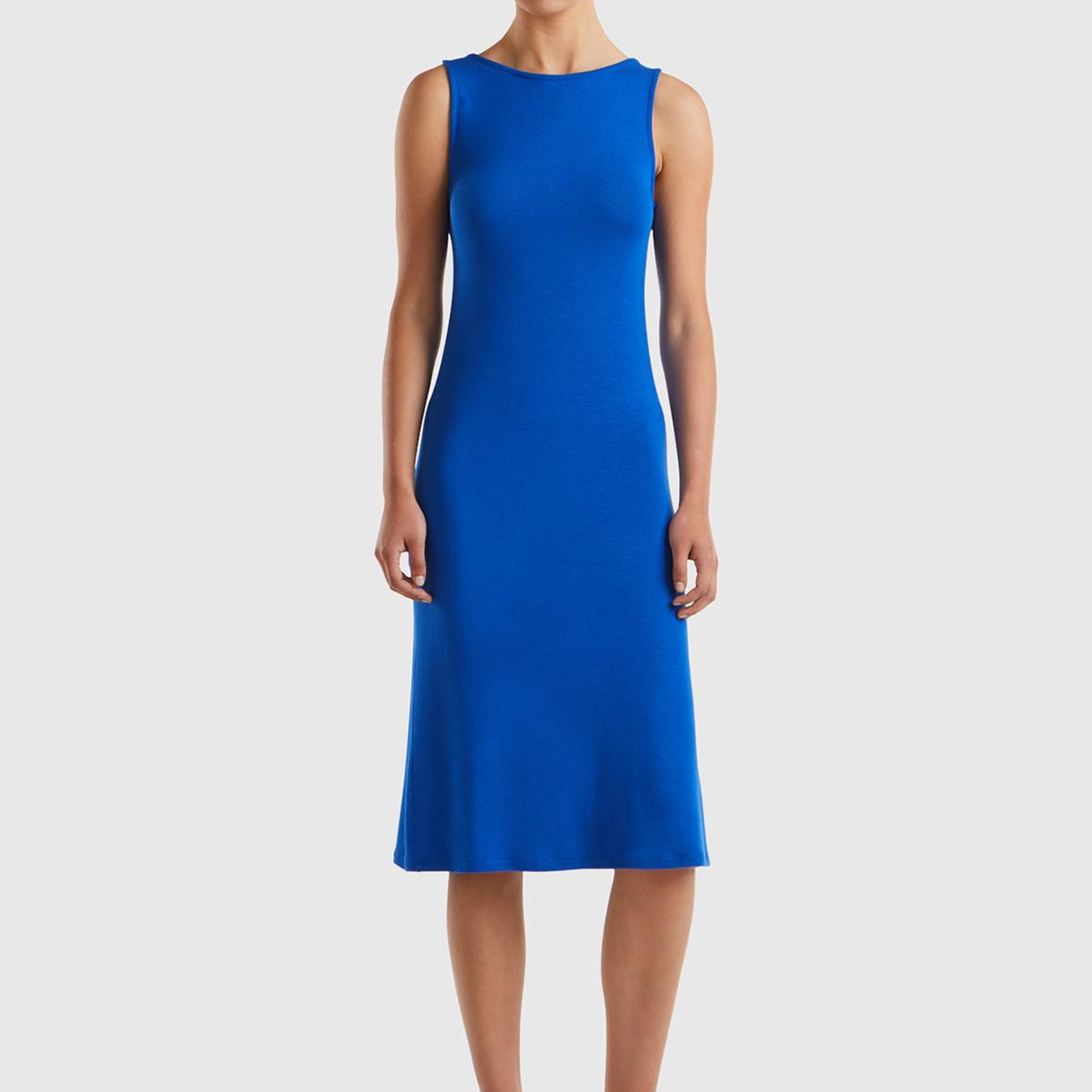 Kadın Saks Mavi Viskoz Karışımlı Arkası Üçgen ve Düğüm Detaylı Kolsuz Elbise