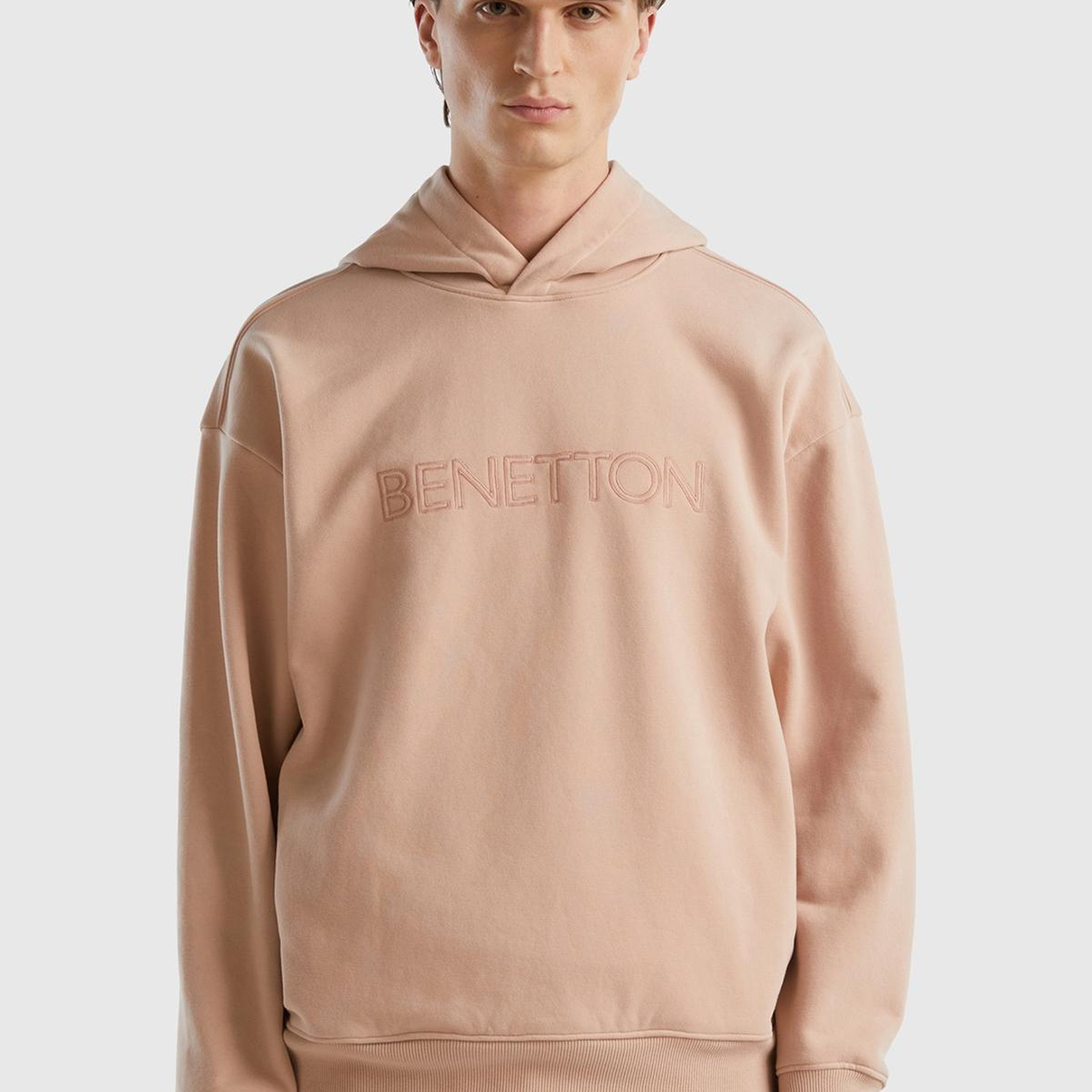 Erkek Pudra Pamuk Karışımlı Önü Logo Baskılı Kapüşonlu Sweatshirt