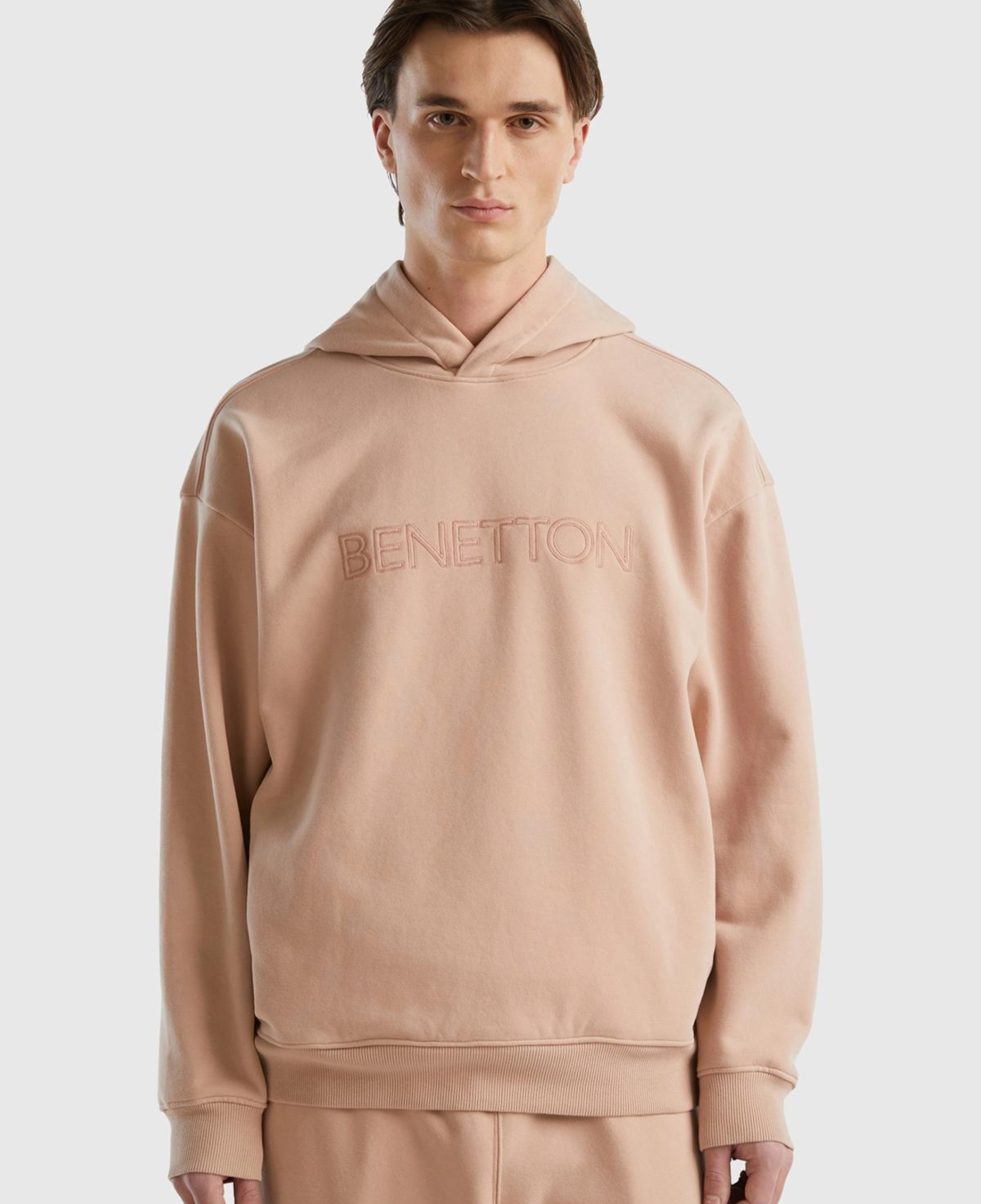 Erkek Pudra Pamuk Karışımlı Önü Logo Baskılı Kapüşonlu Sweatshirt