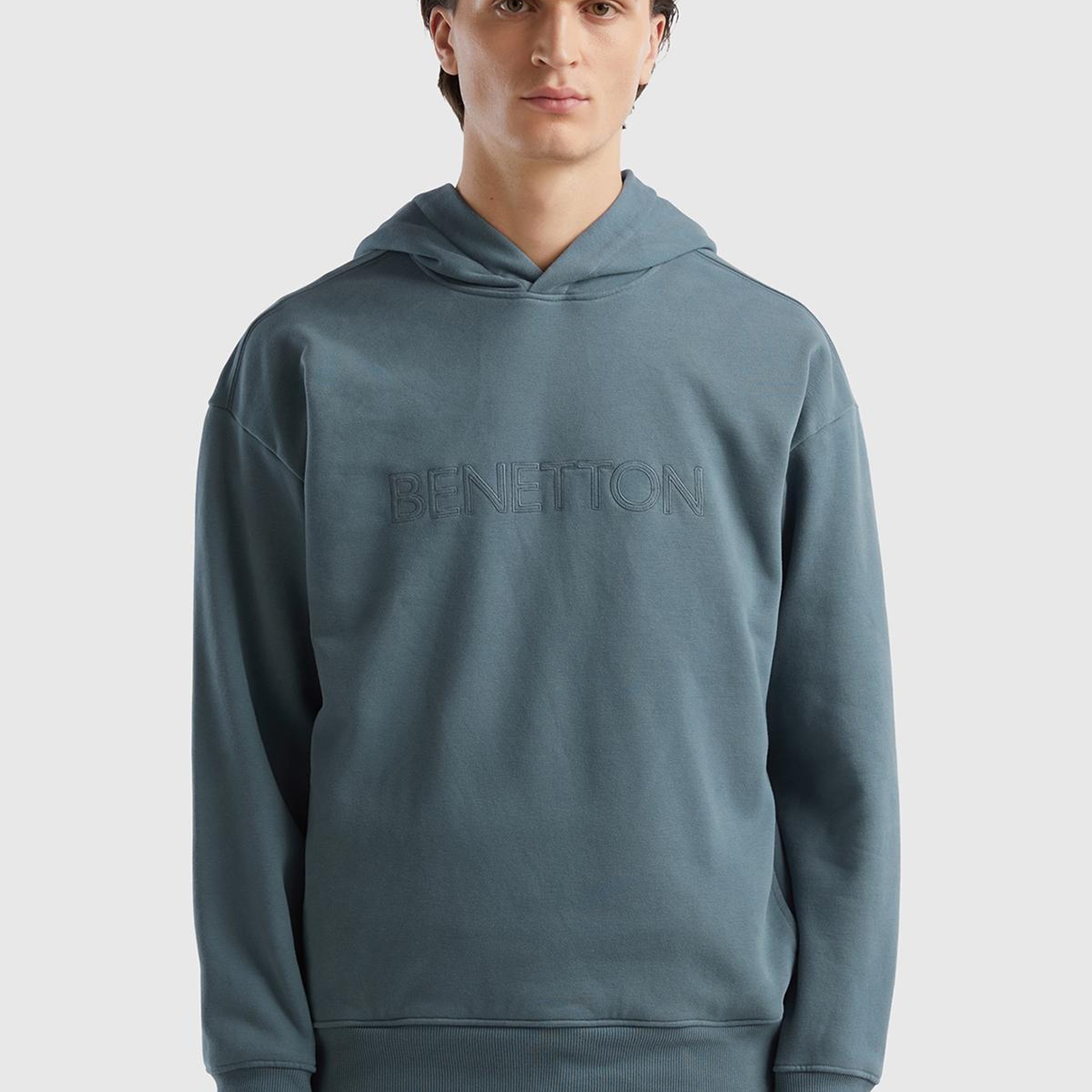 Erkek Füme Pamuk Karışımlı Önü Logo Baskılı Kapüşonlu Sweatshirt