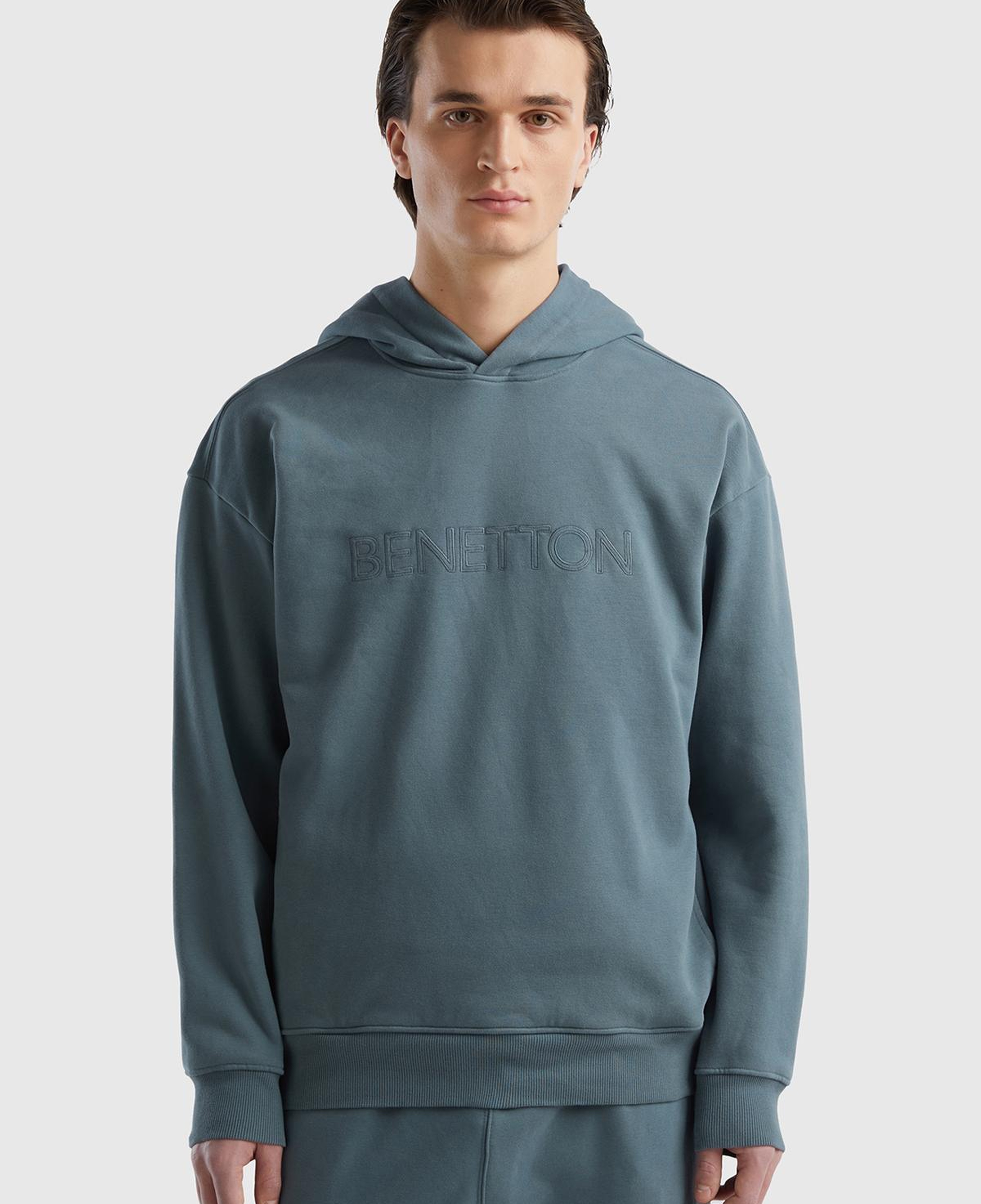 Erkek Füme Pamuk Karışımlı Önü Logo Baskılı Kapüşonlu Sweatshirt