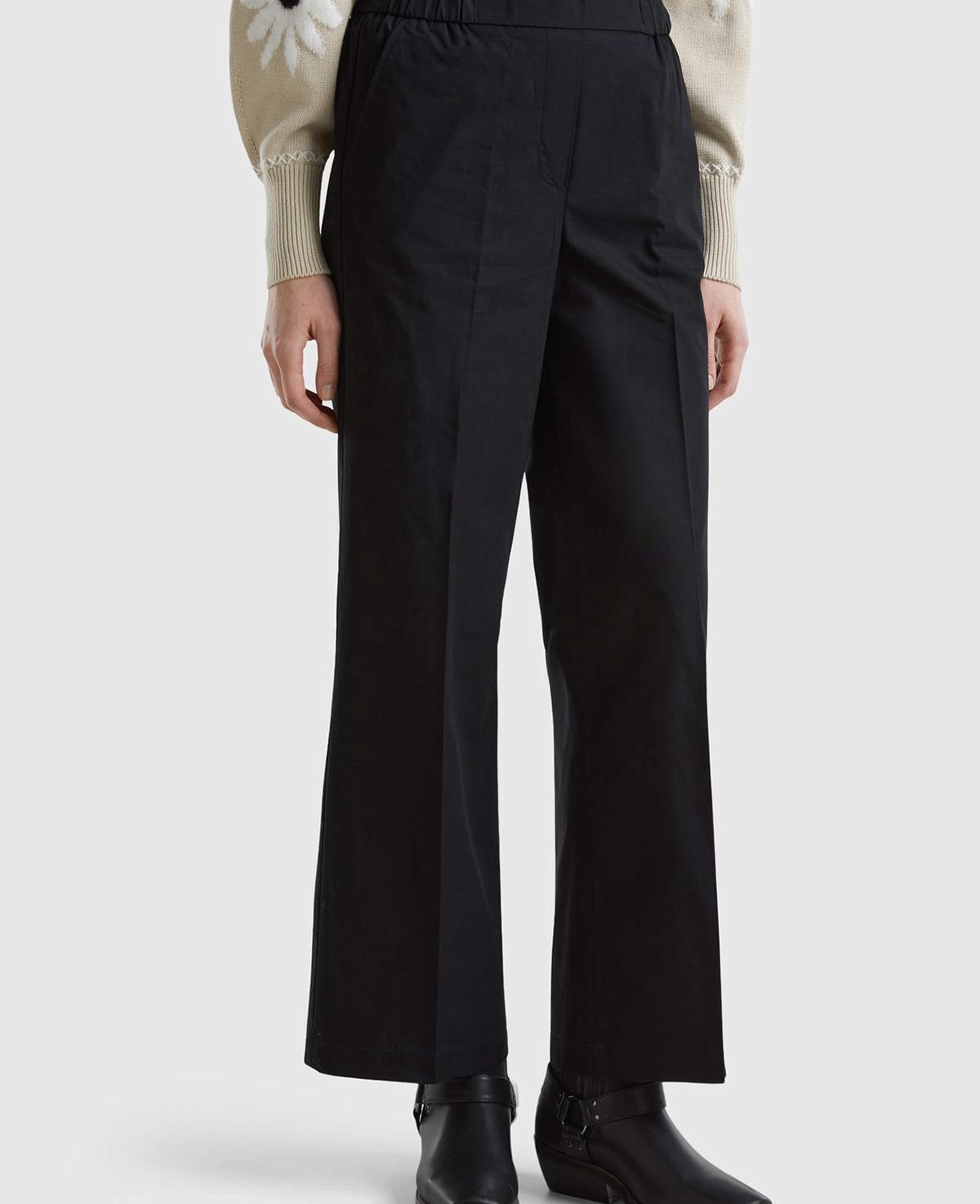 Kadın Siyah %100 Pamuk Beli Büzgülü Geniş Paça Pantolon