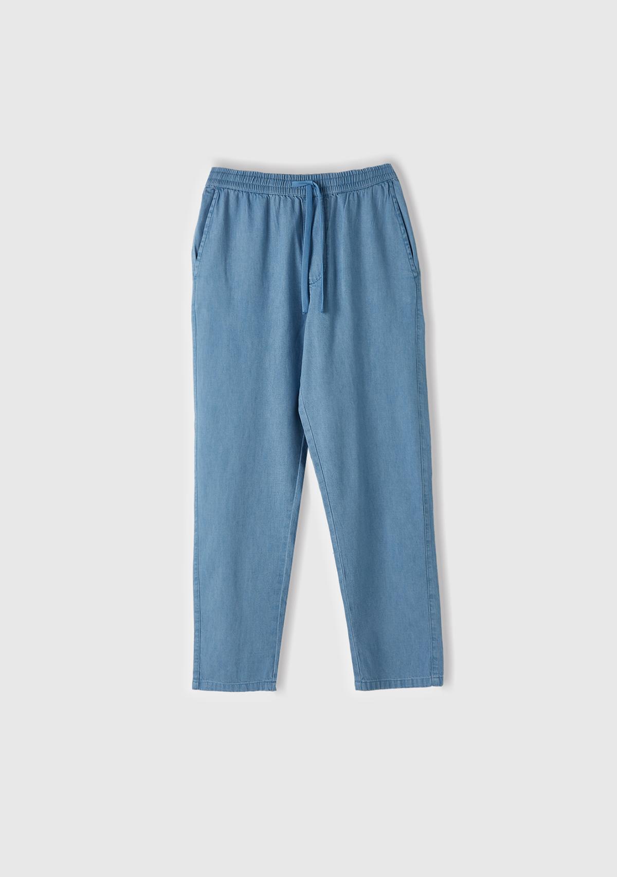 Erkek Açık Mavi %100 Pamuk 4 Cepli Beli Büzgülü İpli Denim Jogger Pantolon