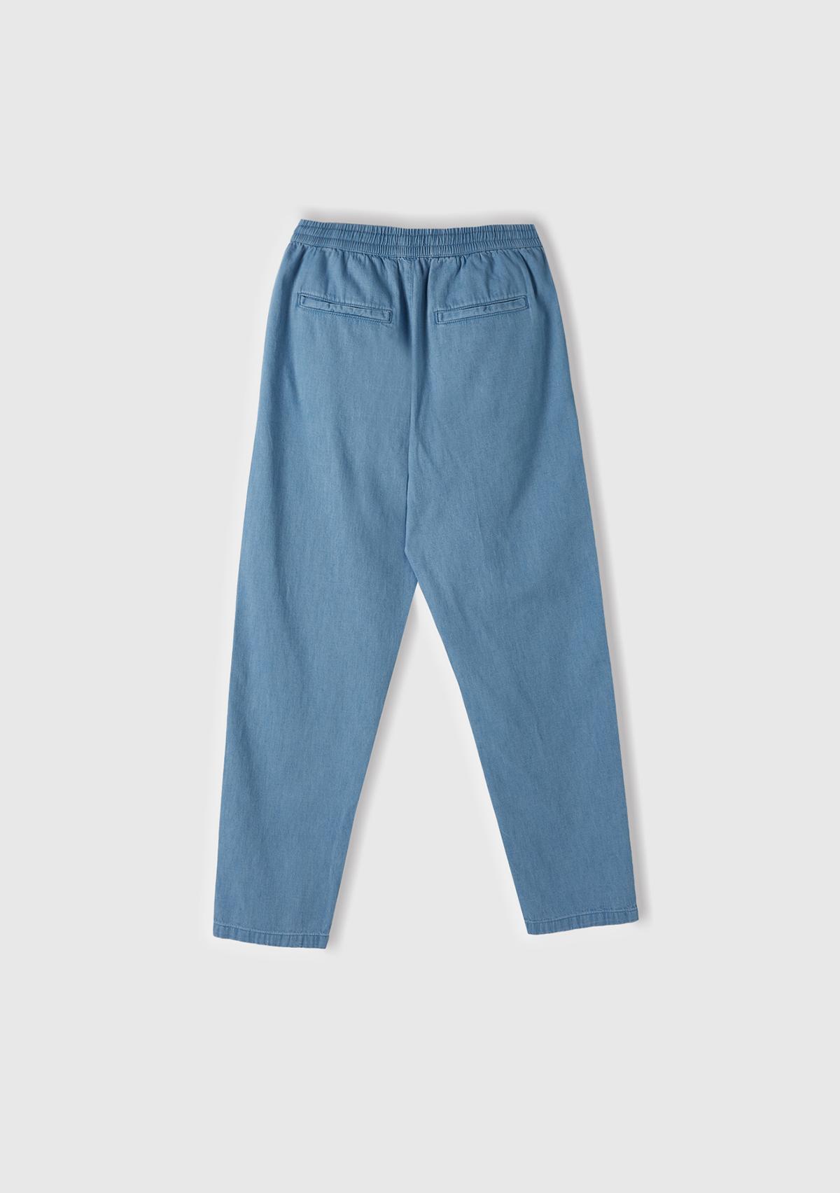 Erkek Açık Mavi %100 Pamuk 4 Cepli Beli Büzgülü İpli Denim Jogger Pantolon