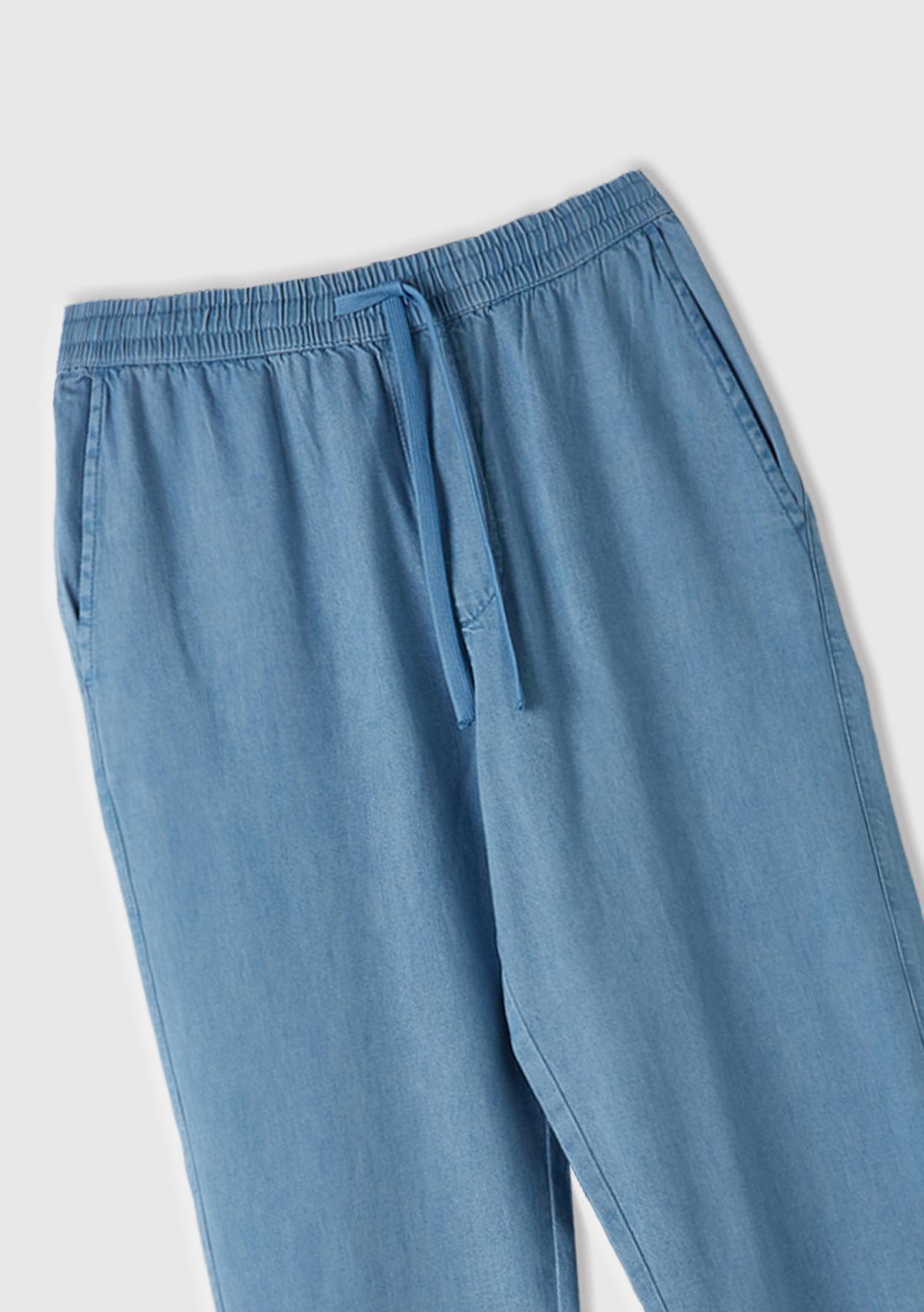Erkek Açık Mavi %100 Pamuk 4 Cepli Beli Büzgülü İpli Denim Jogger Pantolon