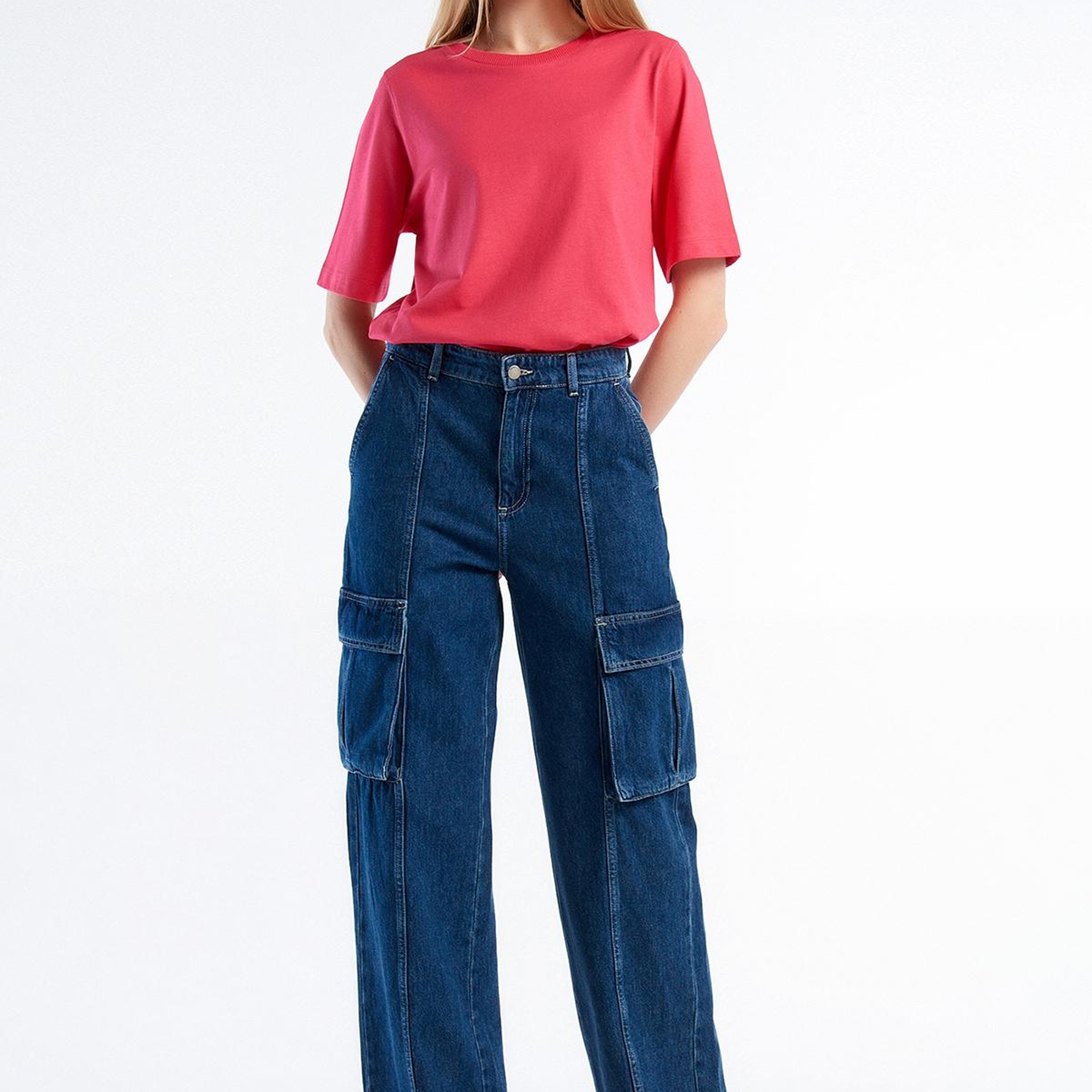 Kadın İndigo %100 Pamuk Arkası Logo Etiketli Yama Cepli Pantolon