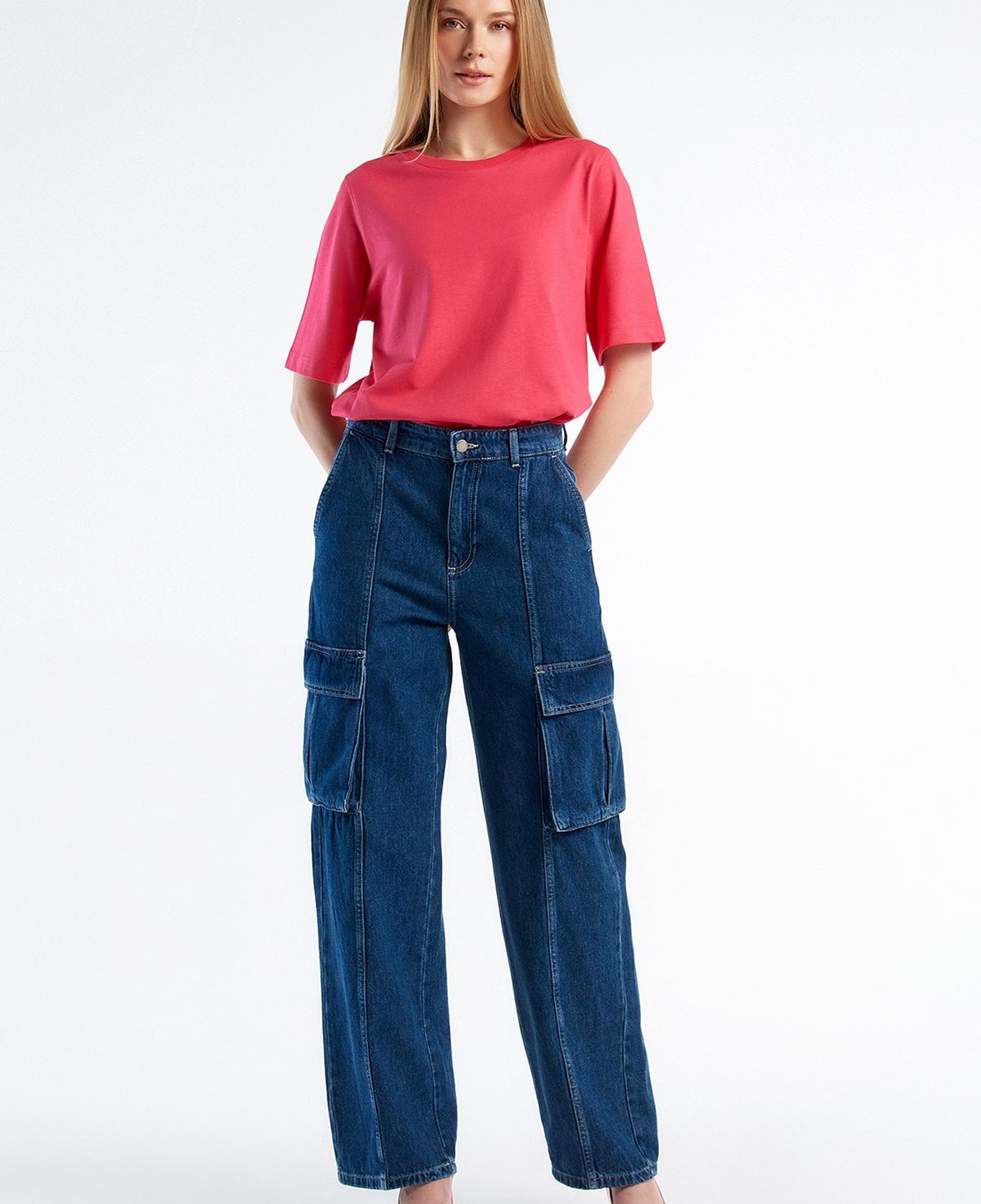 Kadın İndigo %100 Pamuk Arkası Logo Etiketli Yama Cepli Pantolon