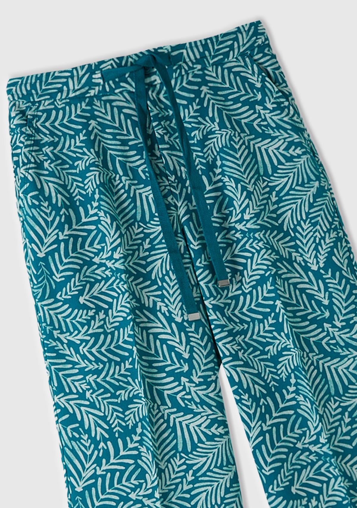 Kadın Yeşil Mix %100 Liyosel Tamamı Desenli 2 Cepli Beli İpli Pantolon