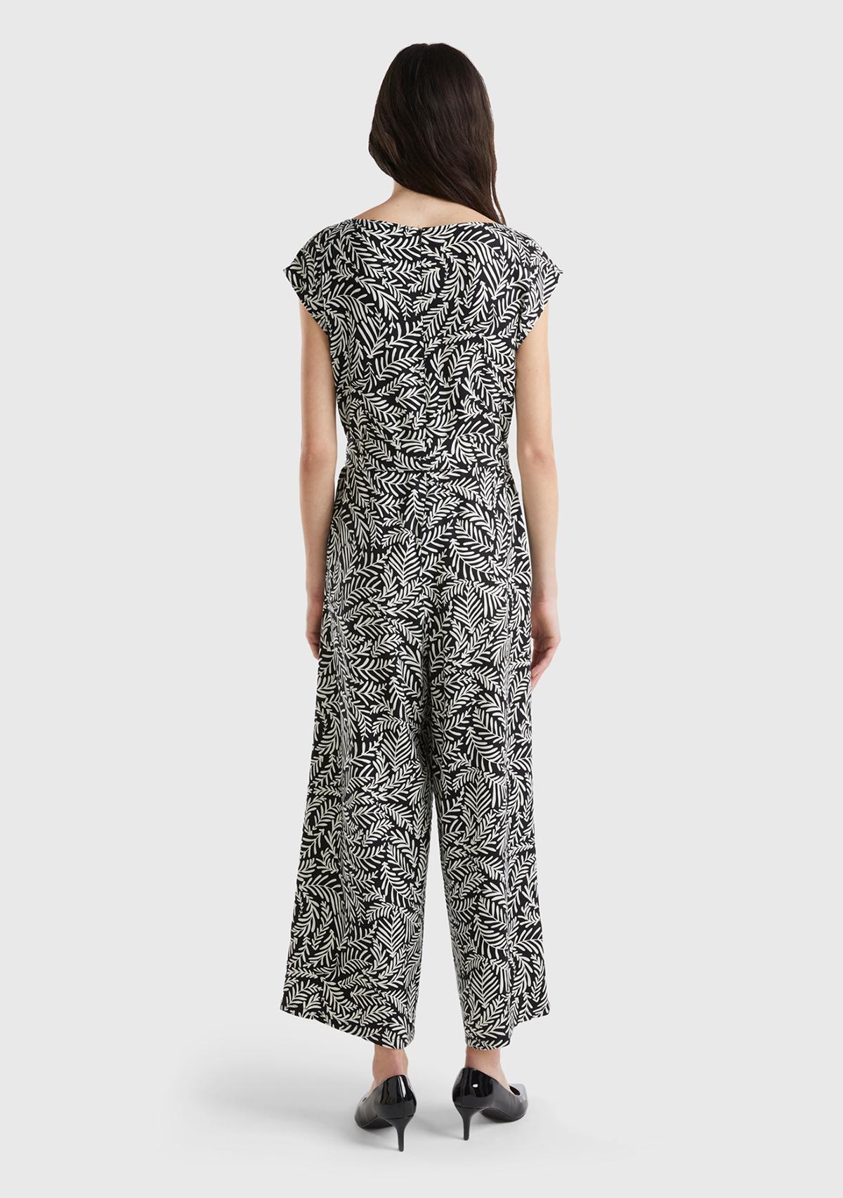 Kadın Siyah-Beyaz %100 Liyosel Tamamı Desenli Belden Bağlamalı Tulum