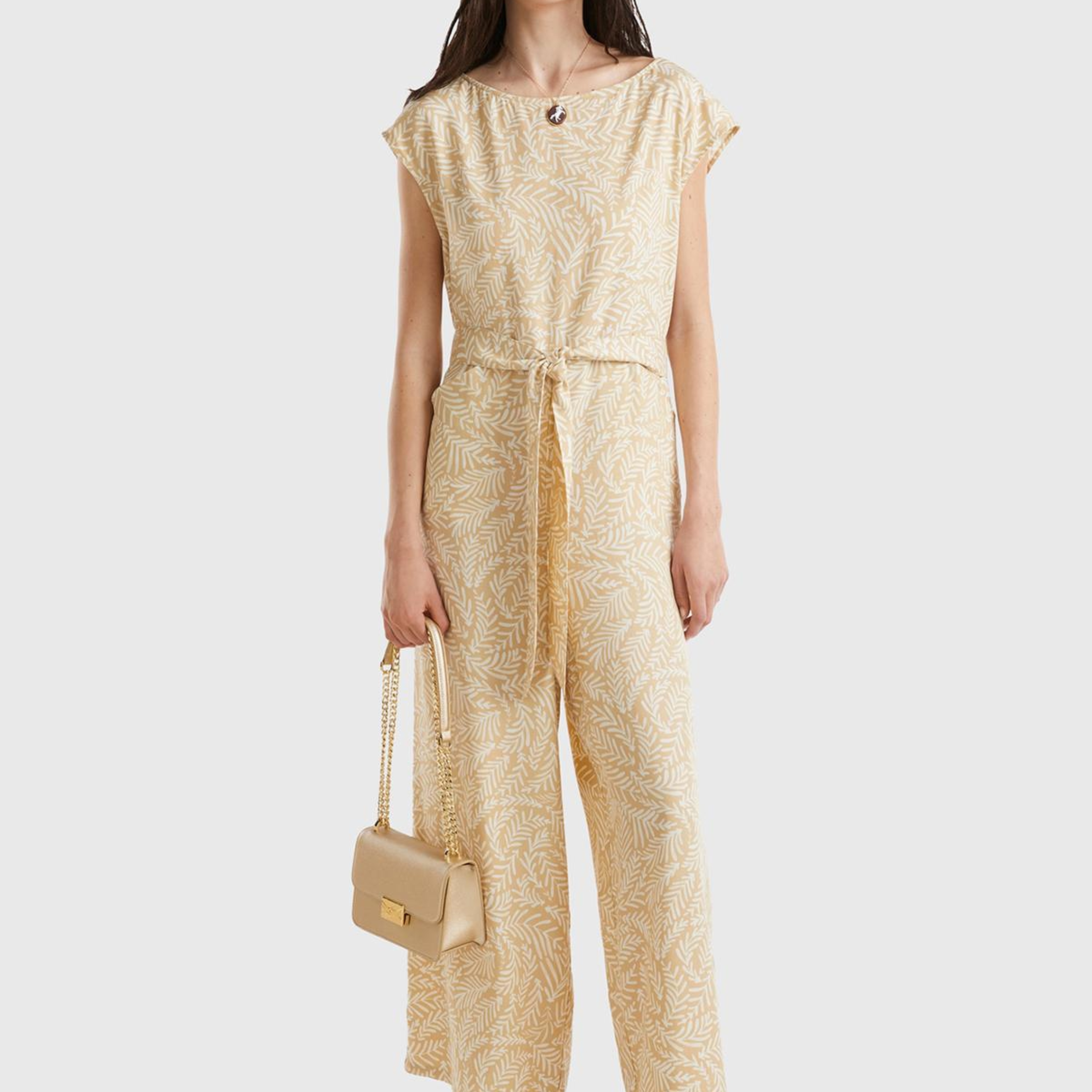 Kadın Krem Mix %100 Liyosel Tamamı Desenli Belden Bağlamalı Tulum