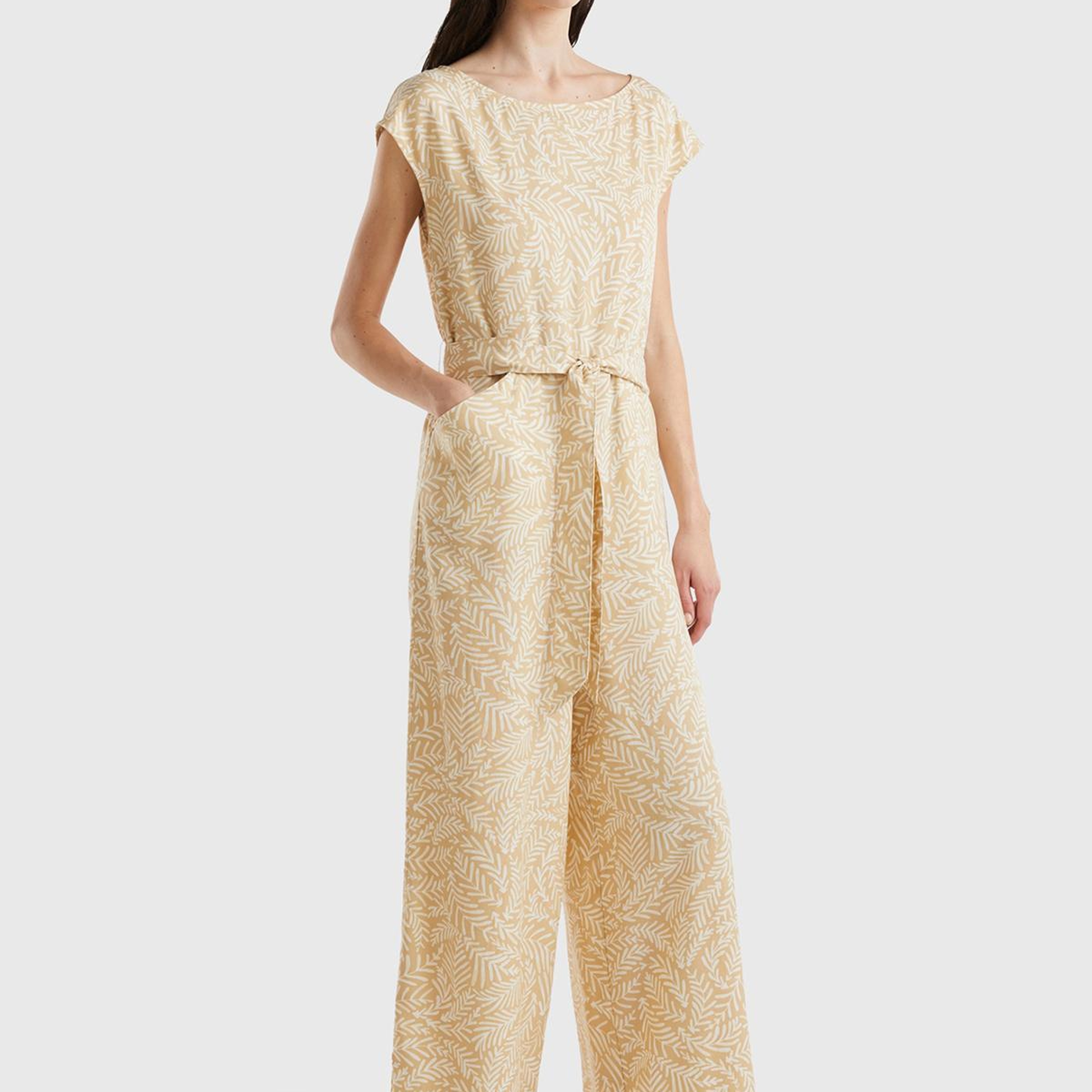 Kadın Krem Mix %100 Liyosel Tamamı Desenli Belden Bağlamalı Tulum