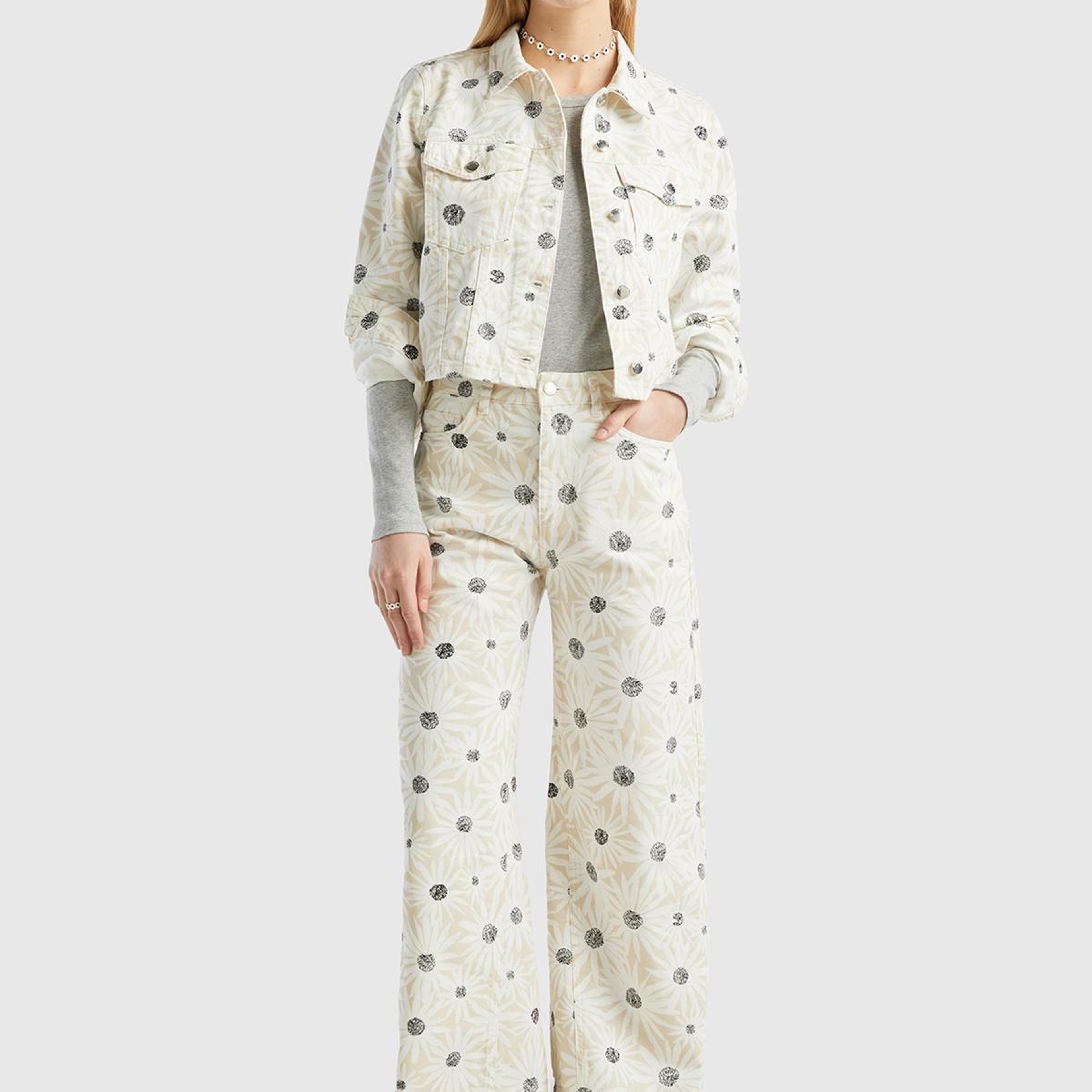 Kadın Krem %100 Pamuk Tamamı Desenli Yüksek Bel Geniş Paça Pantolon