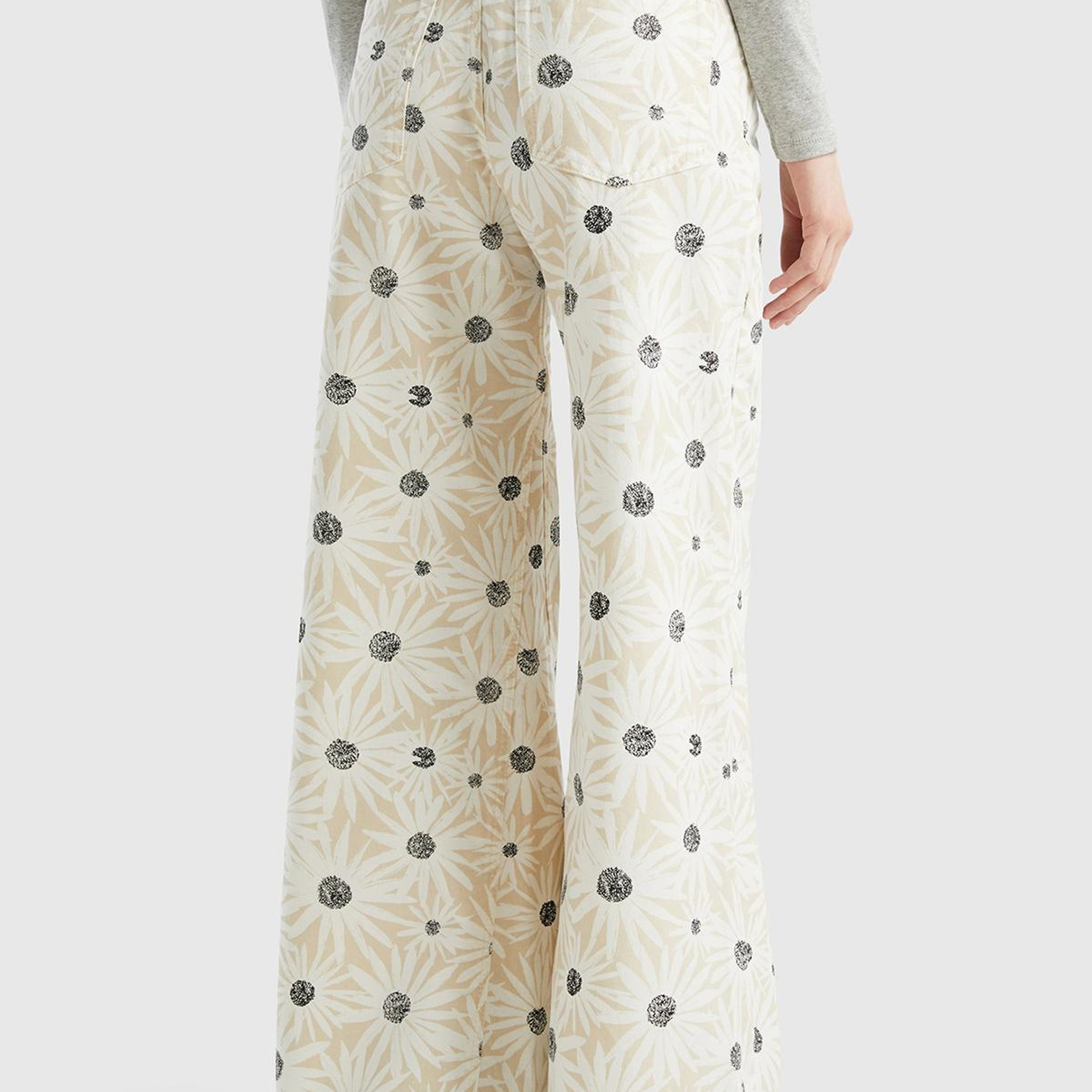 Kadın Krem %100 Pamuk Tamamı Desenli Yüksek Bel Geniş Paça Pantolon