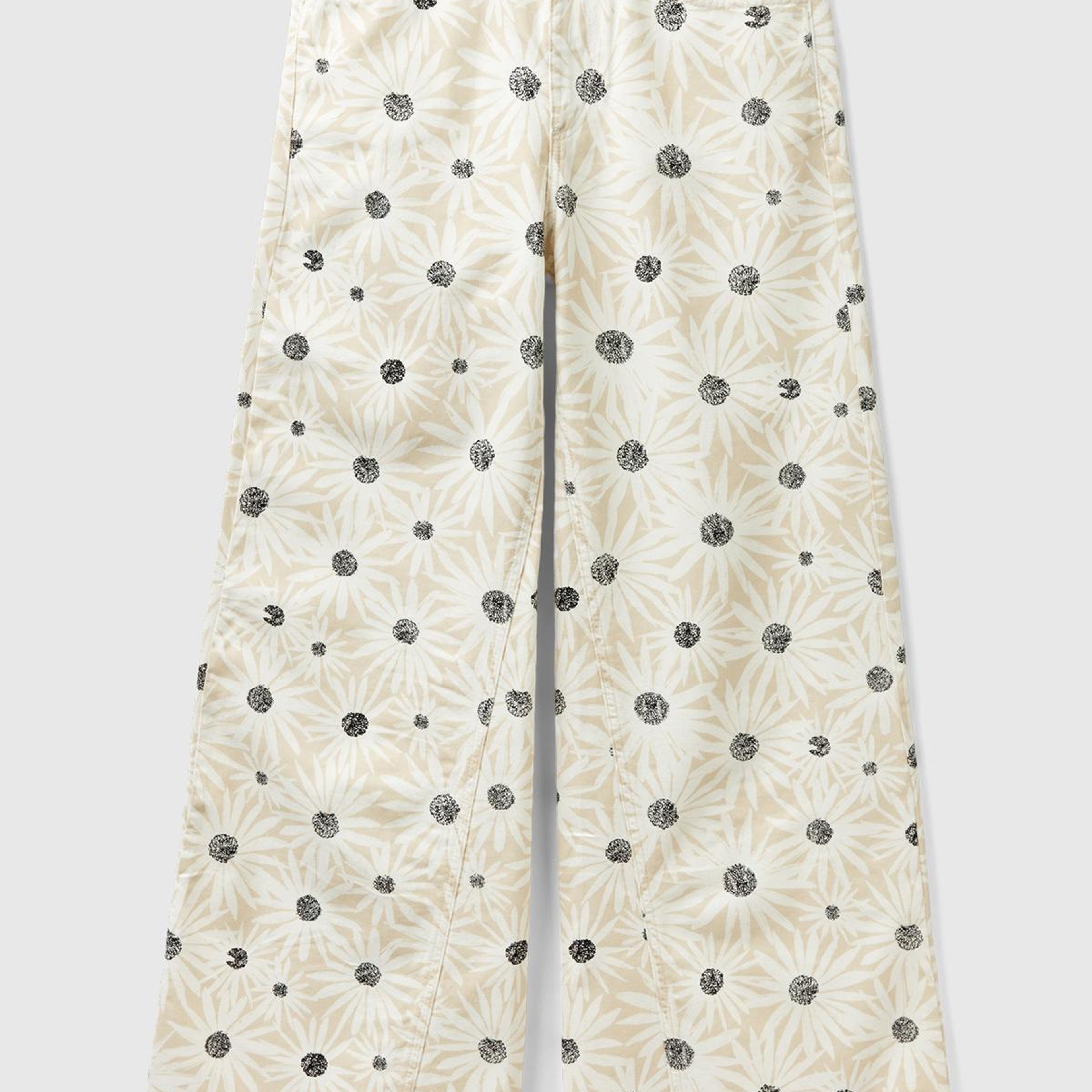 Kadın Krem %100 Pamuk Tamamı Desenli Yüksek Bel Geniş Paça Pantolon