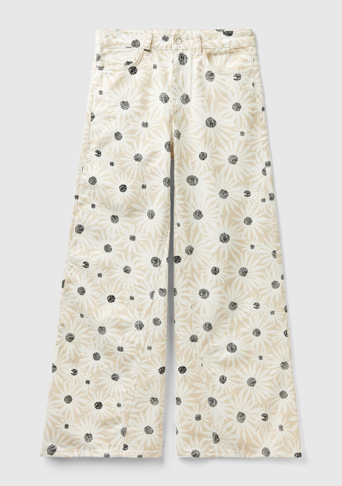 Kadın Krem %100 Pamuk Tamamı Desenli Yüksek Bel Geniş Paça Pantolon