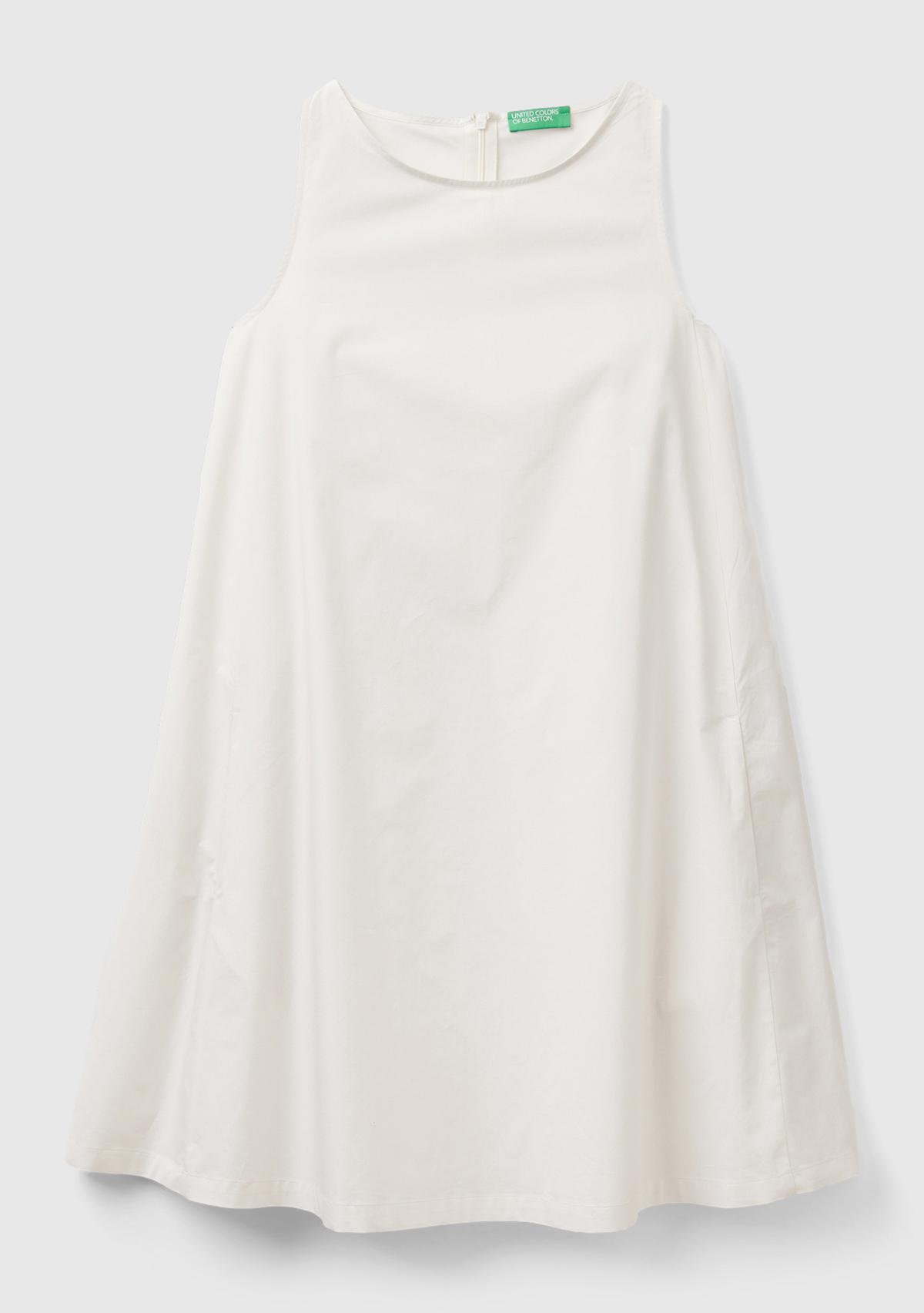 Kadın Krem %100 Koton Kolsuz Midi Boy Elbise