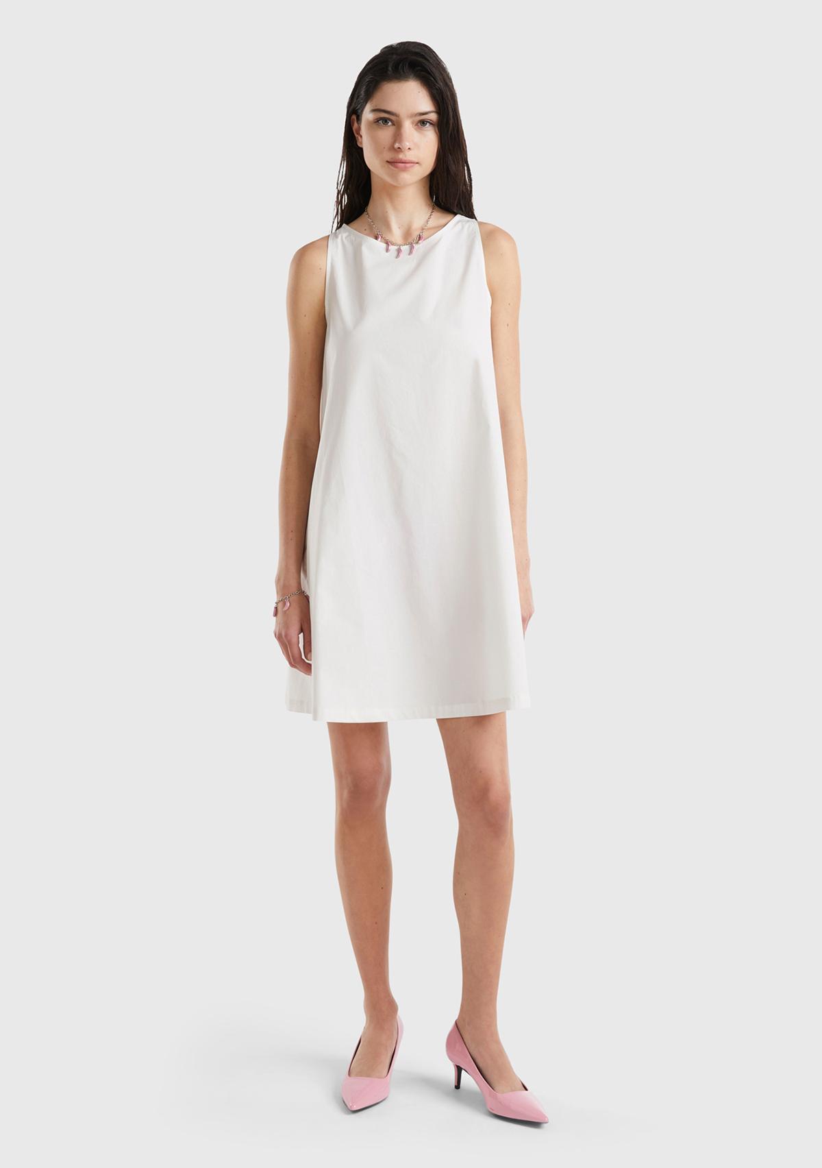 Kadın Krem %100 Koton Kolsuz Midi Boy Elbise