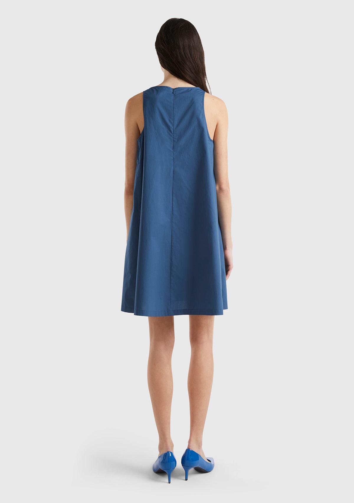 Kadın Gece Mavisi %100 Koton Kolsuz Midi Boy Elbise