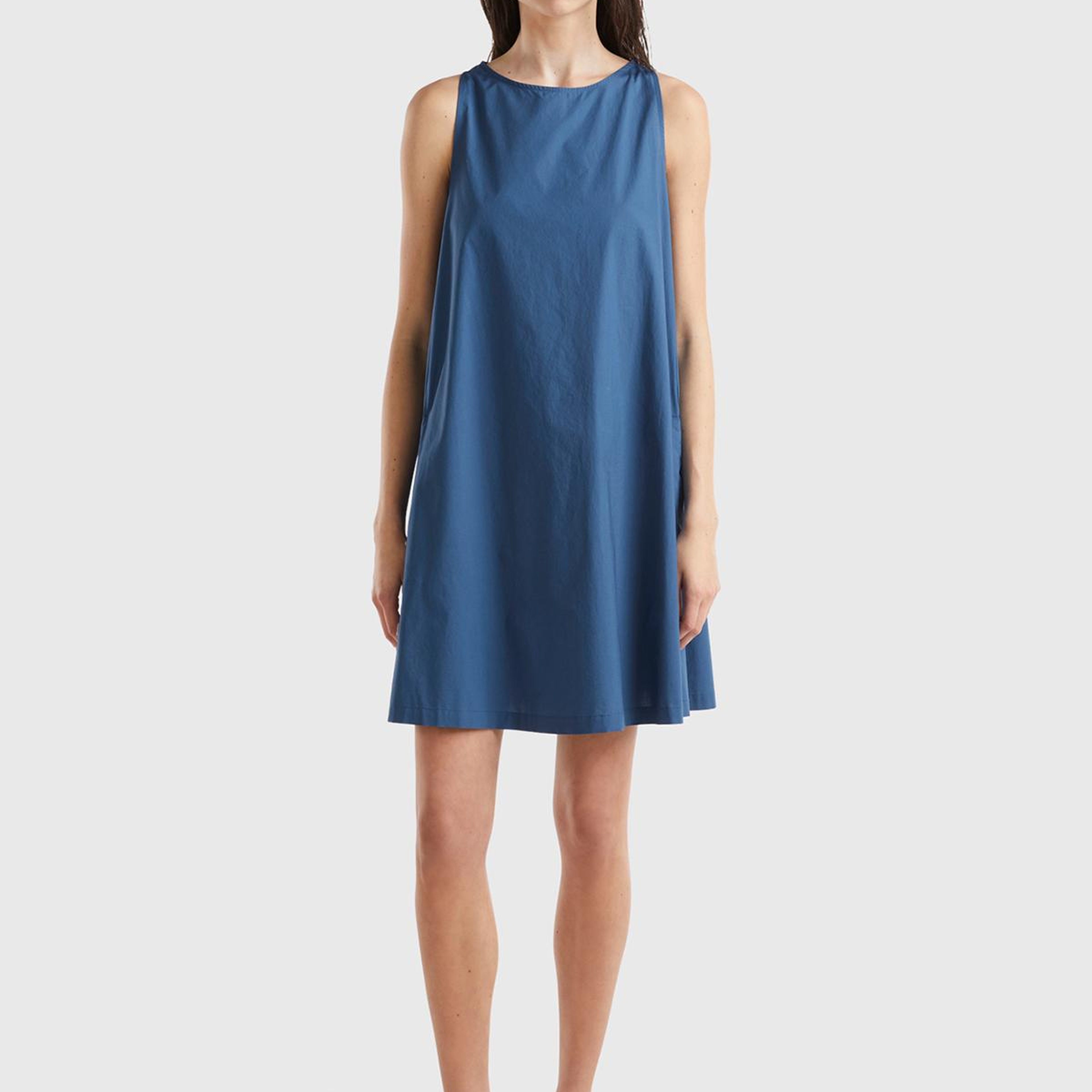 Kadın Gece Mavisi %100 Koton Kolsuz Midi Boy Elbise