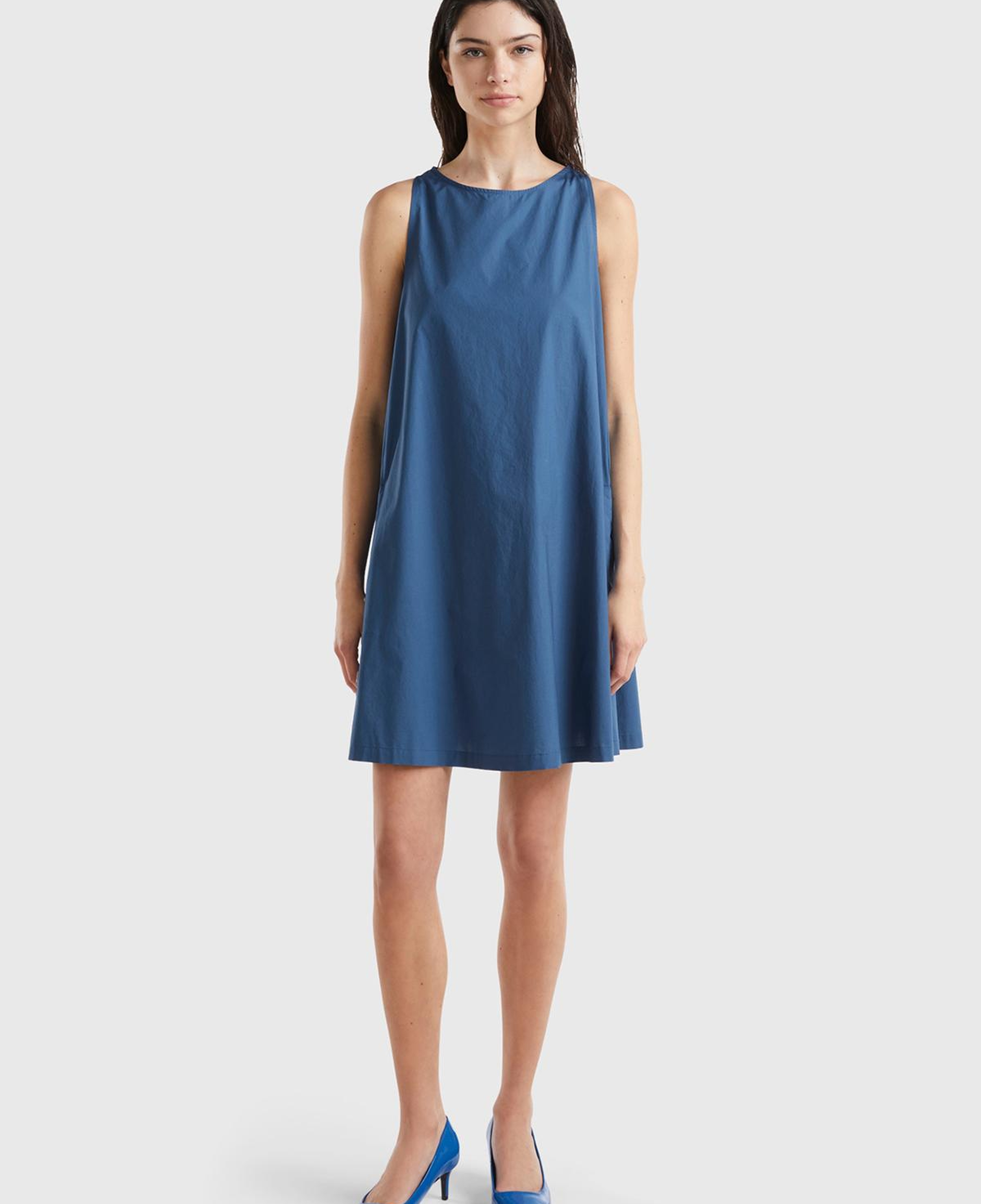 Kadın Gece Mavisi %100 Koton Kolsuz Midi Boy Elbise