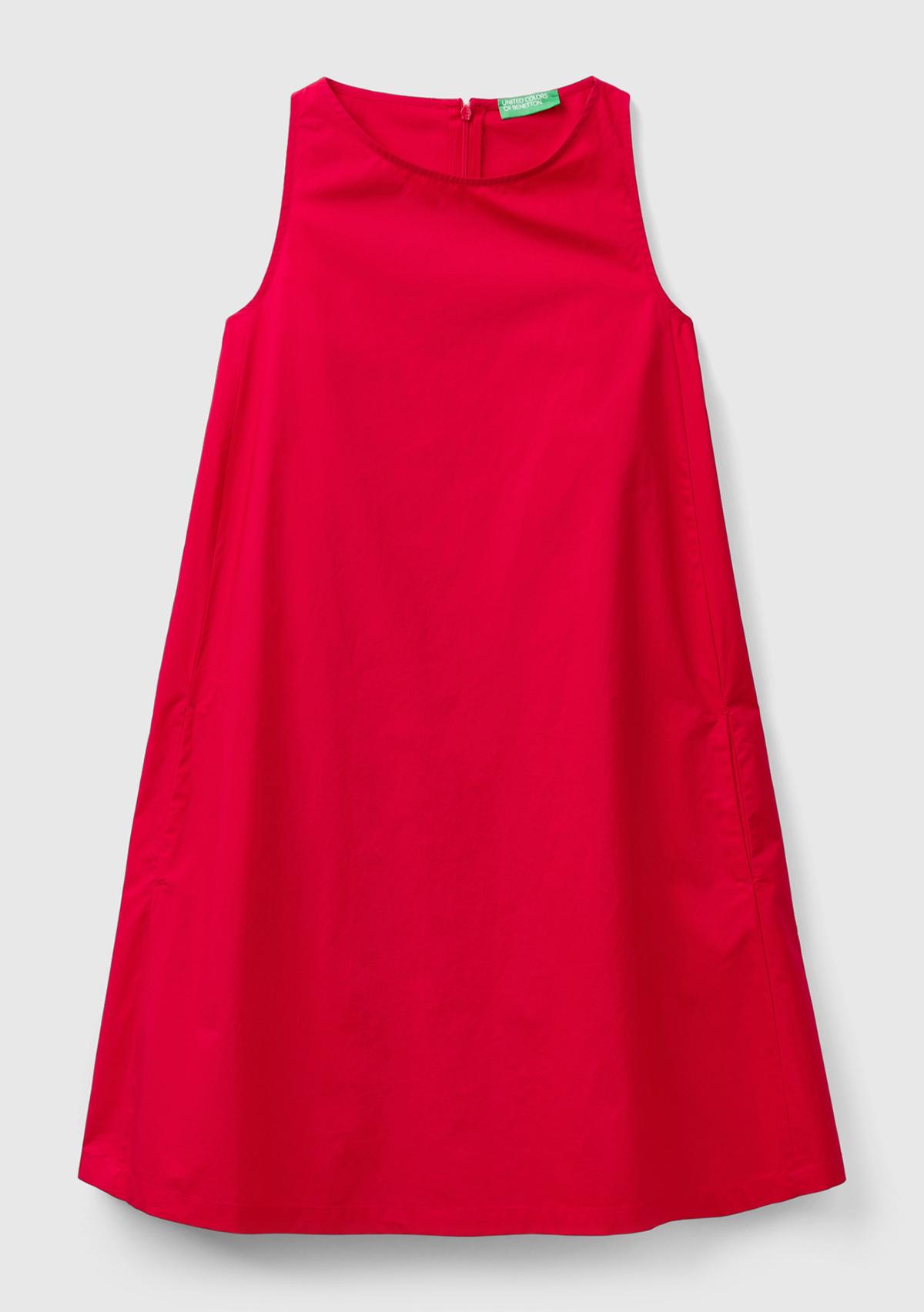 Kadın Vişne %100 Koton Kolsuz Midi Boy Elbise