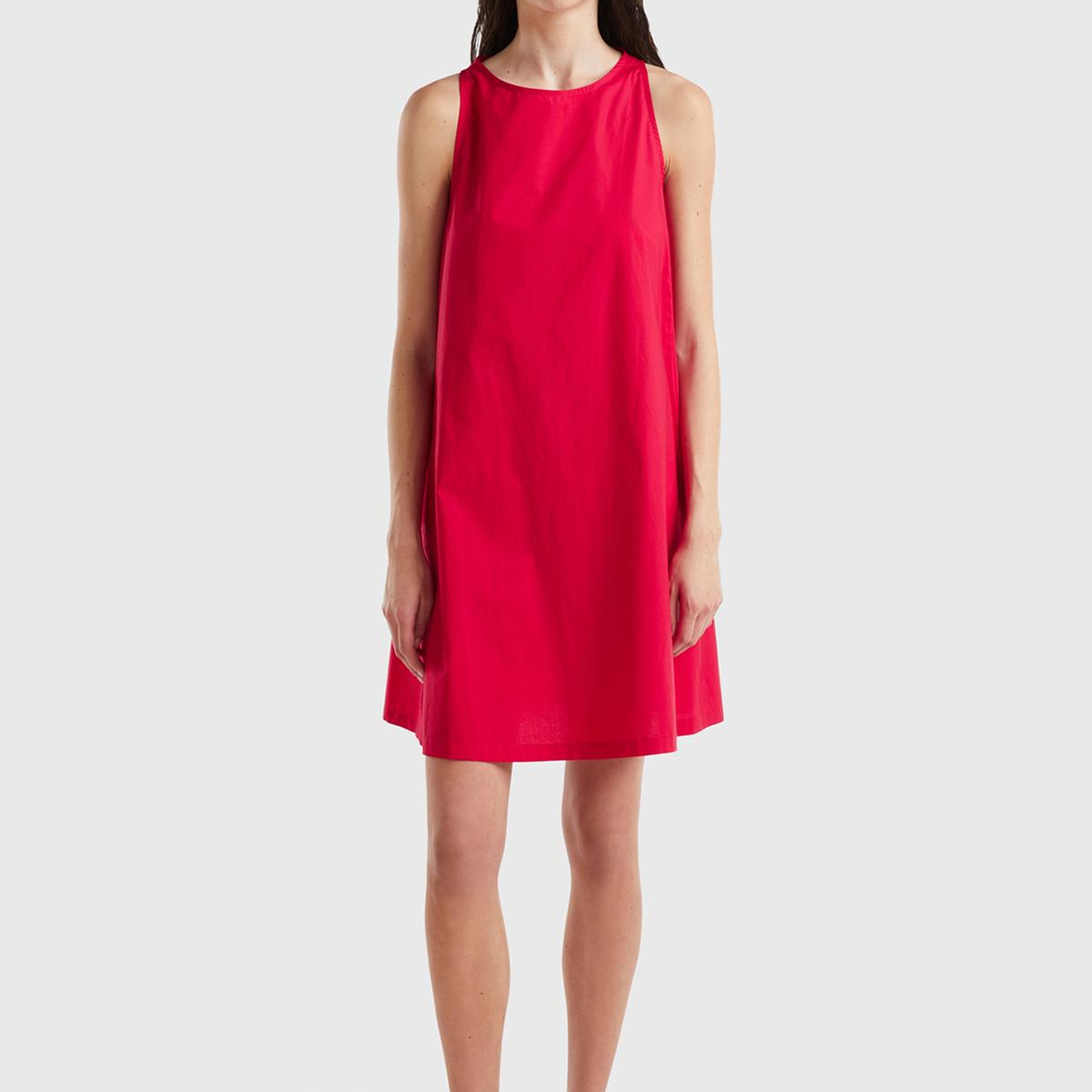 Kadın Vişne %100 Koton Kolsuz Midi Boy Elbise