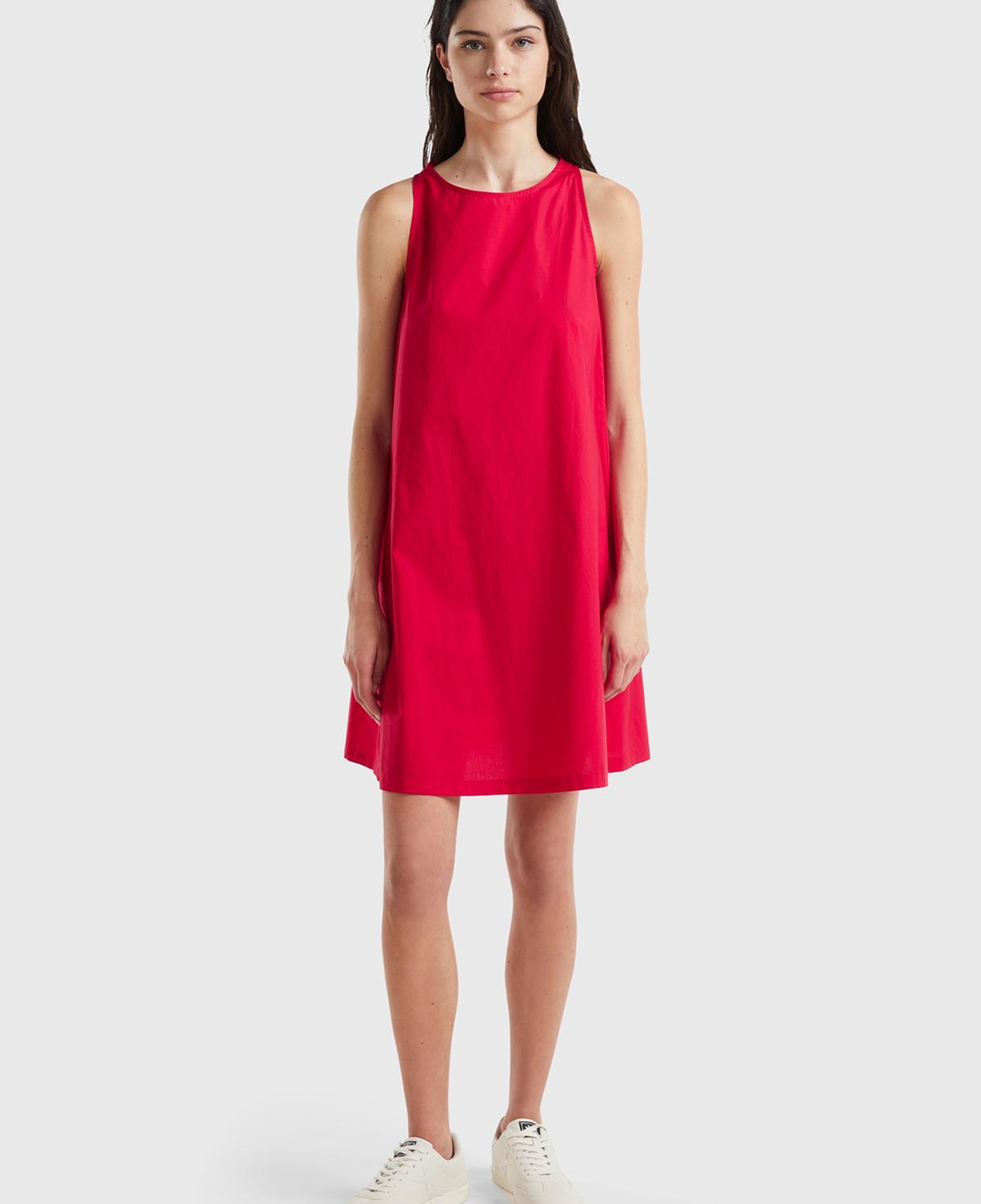 Kadın Vişne %100 Koton Kolsuz Midi Boy Elbise