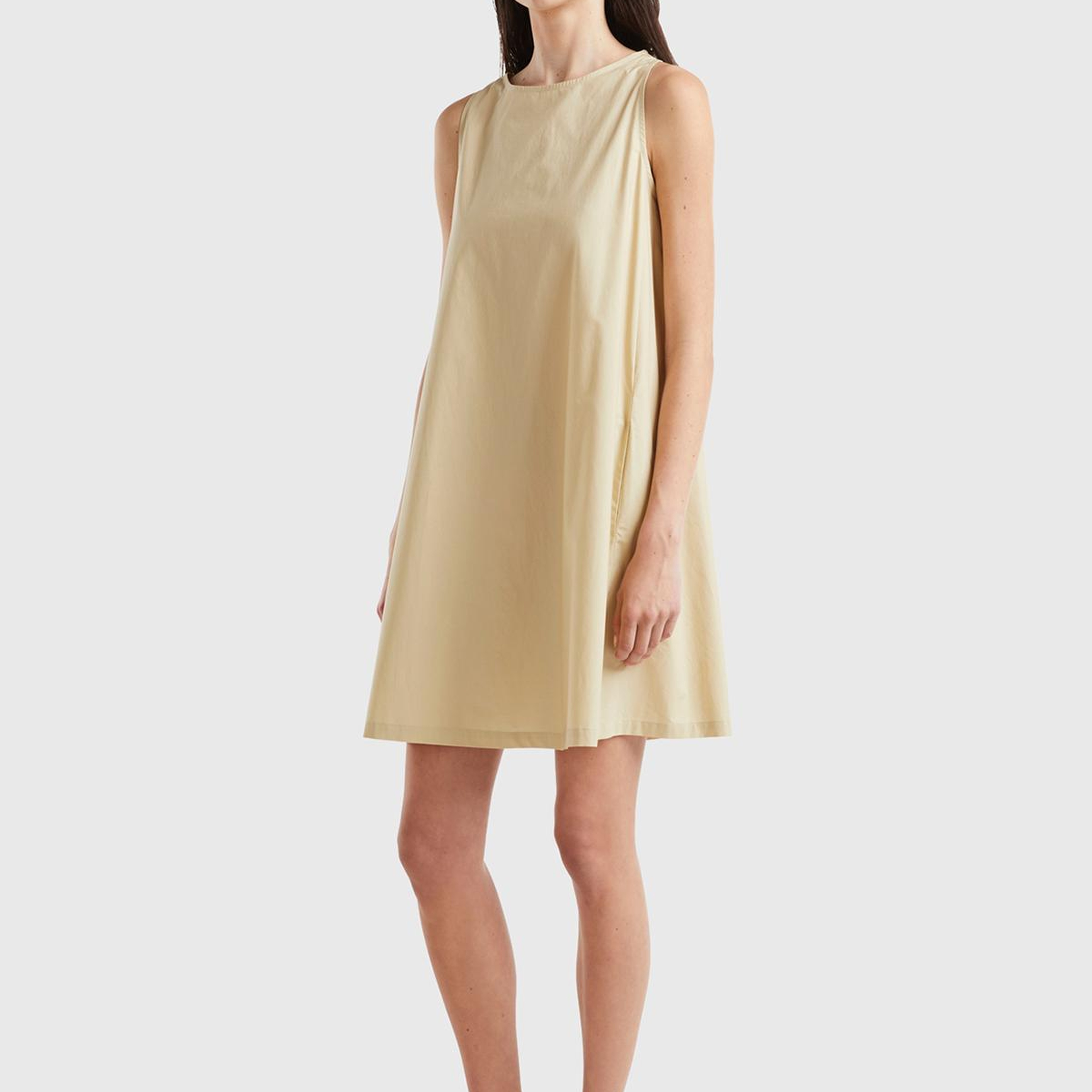 Kadın Bej %100 Koton Kolsuz Midi Boy Elbise