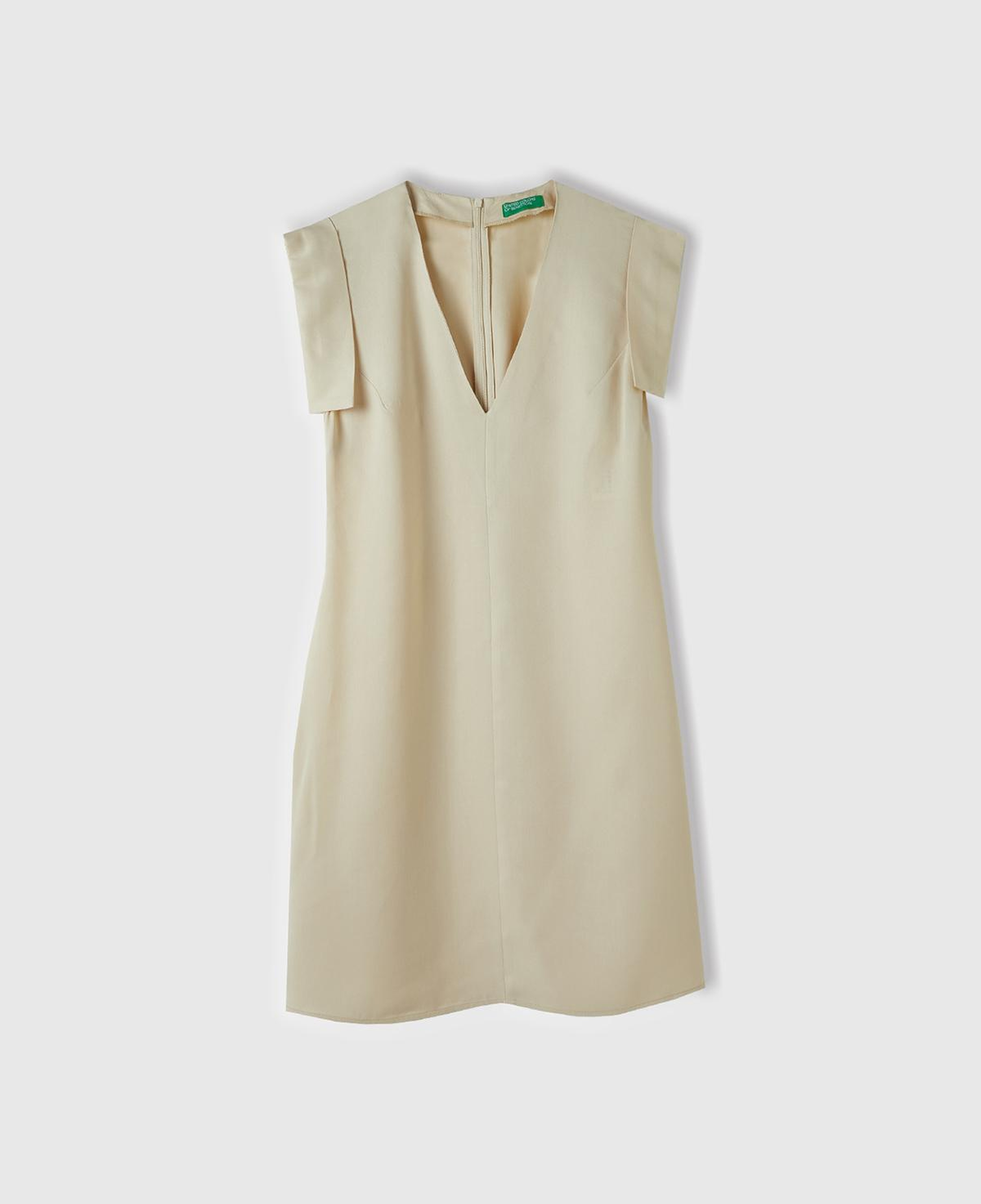 Kadın Bej %100 Liyosel Beli Daralan Yandan Fermuarlı V Yaka Elbise