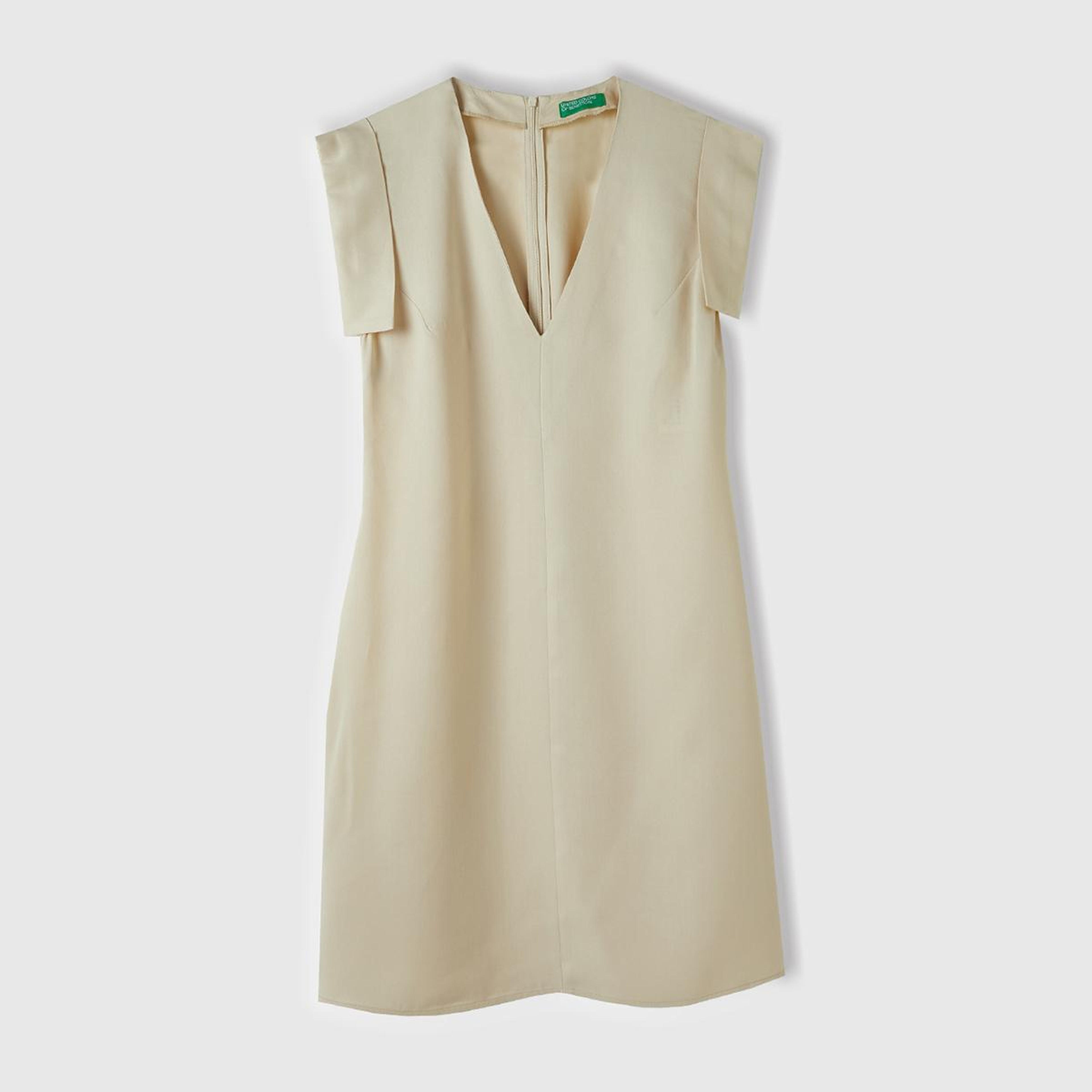 Kadın Bej %100 Liyosel Beli Daralan Yandan Fermuarlı V Yaka Elbise