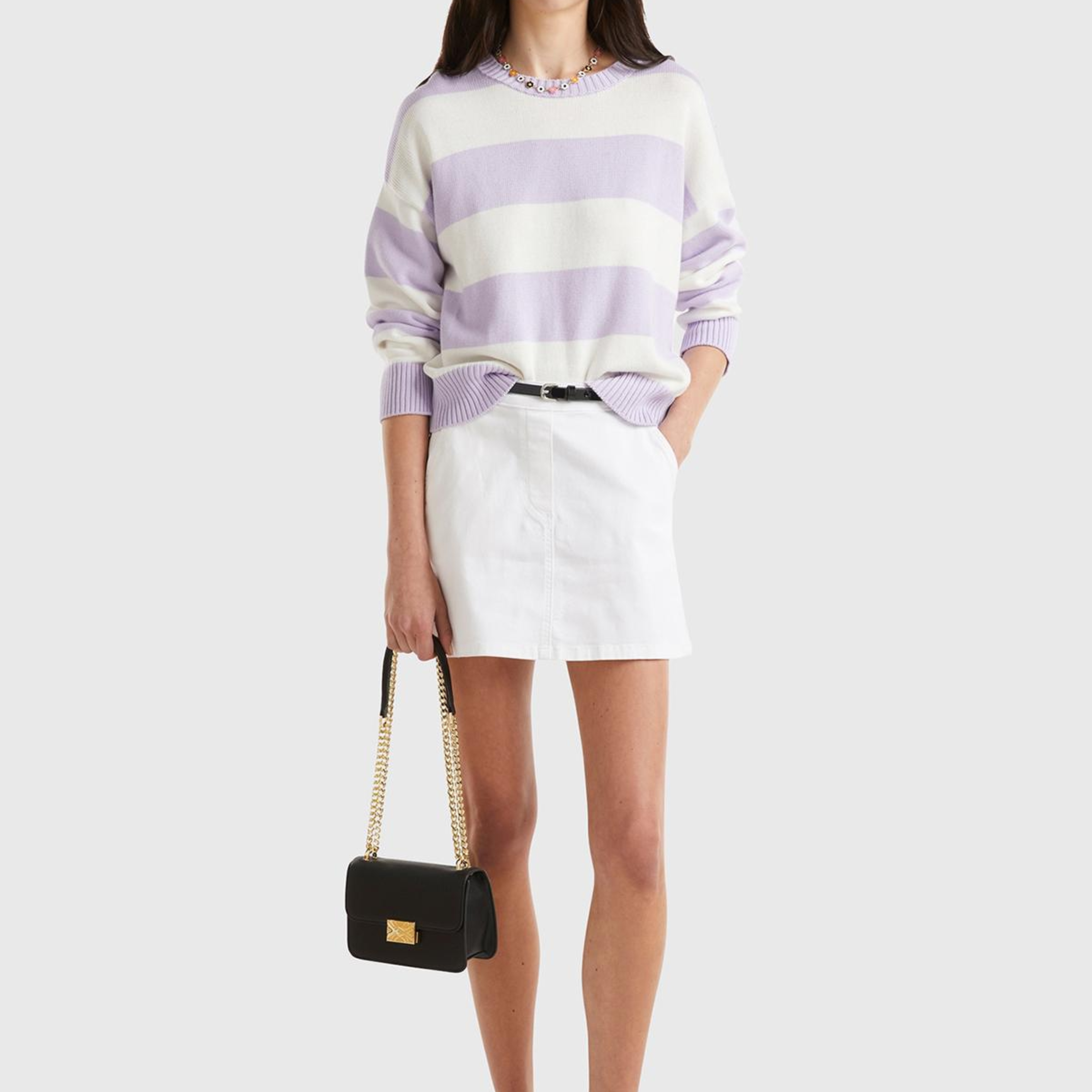 Kadın Beyaz Streç Pamuklu Yan Fermuarlı Mini Etek