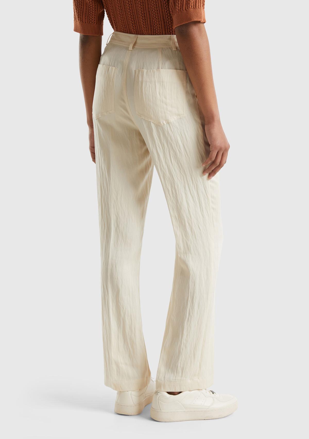 Kadın Bej Liyosel Karışımlı Çift Pileli  Pantolon