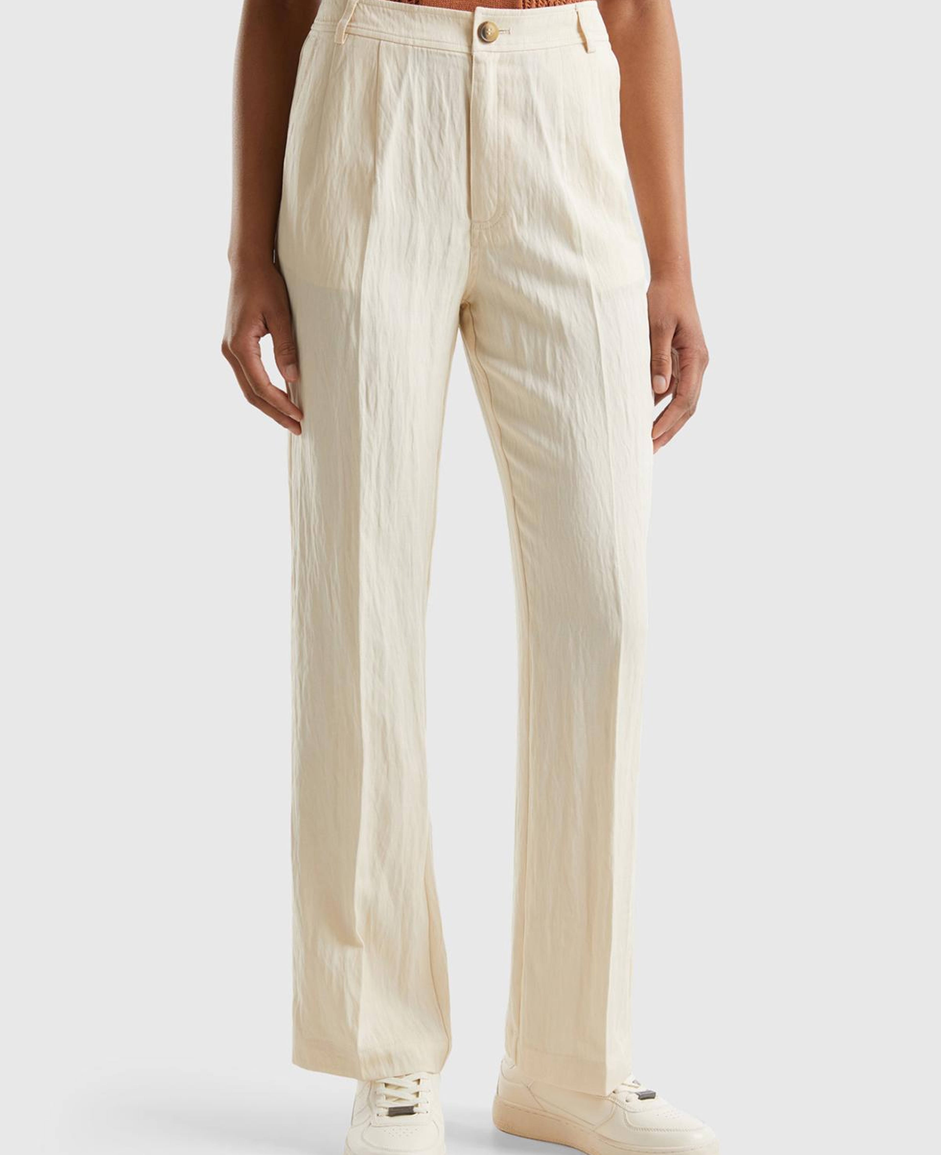 Kadın Bej Liyosel Karışımlı Çift Pileli  Pantolon