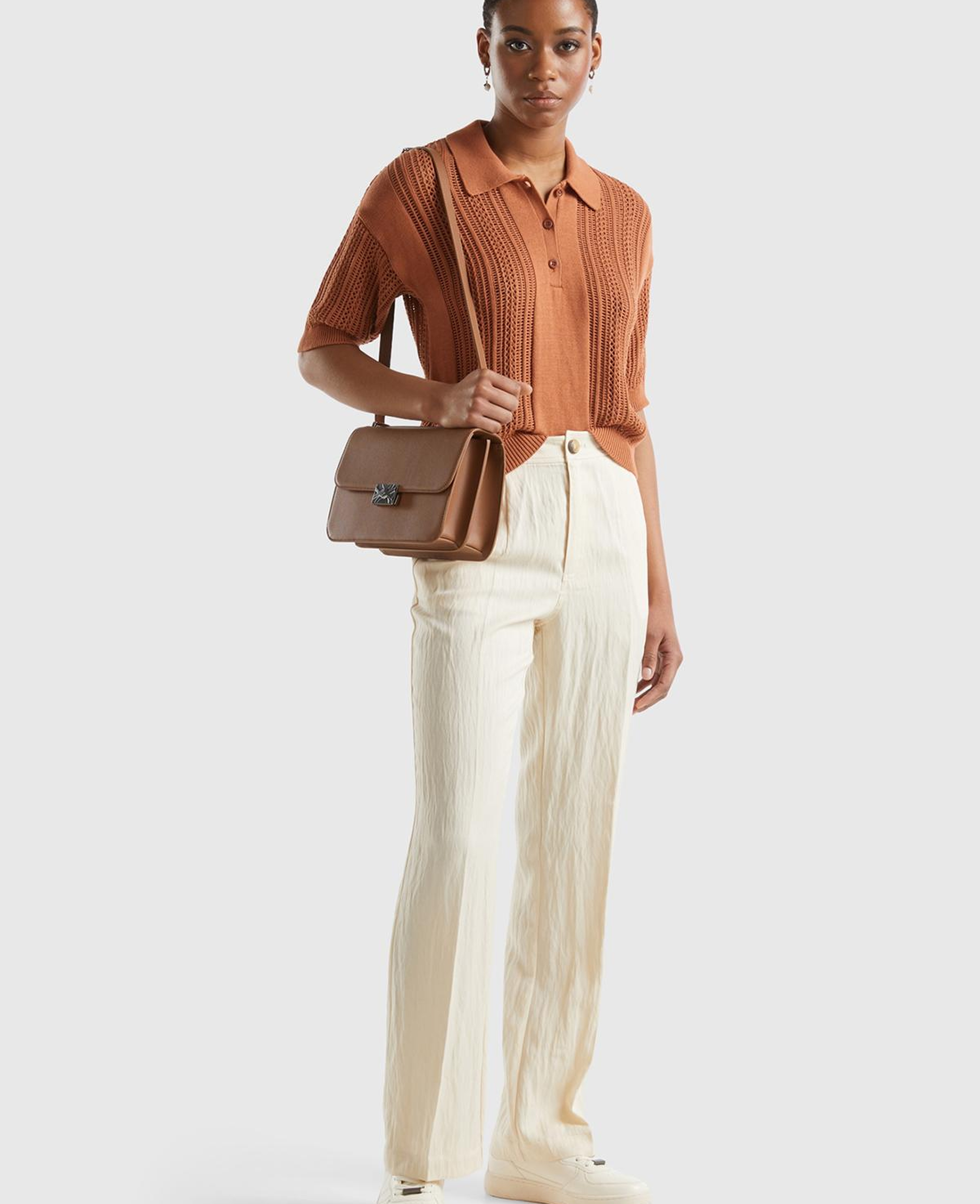 Kadın Bej Liyosel Karışımlı Çift Pileli  Pantolon