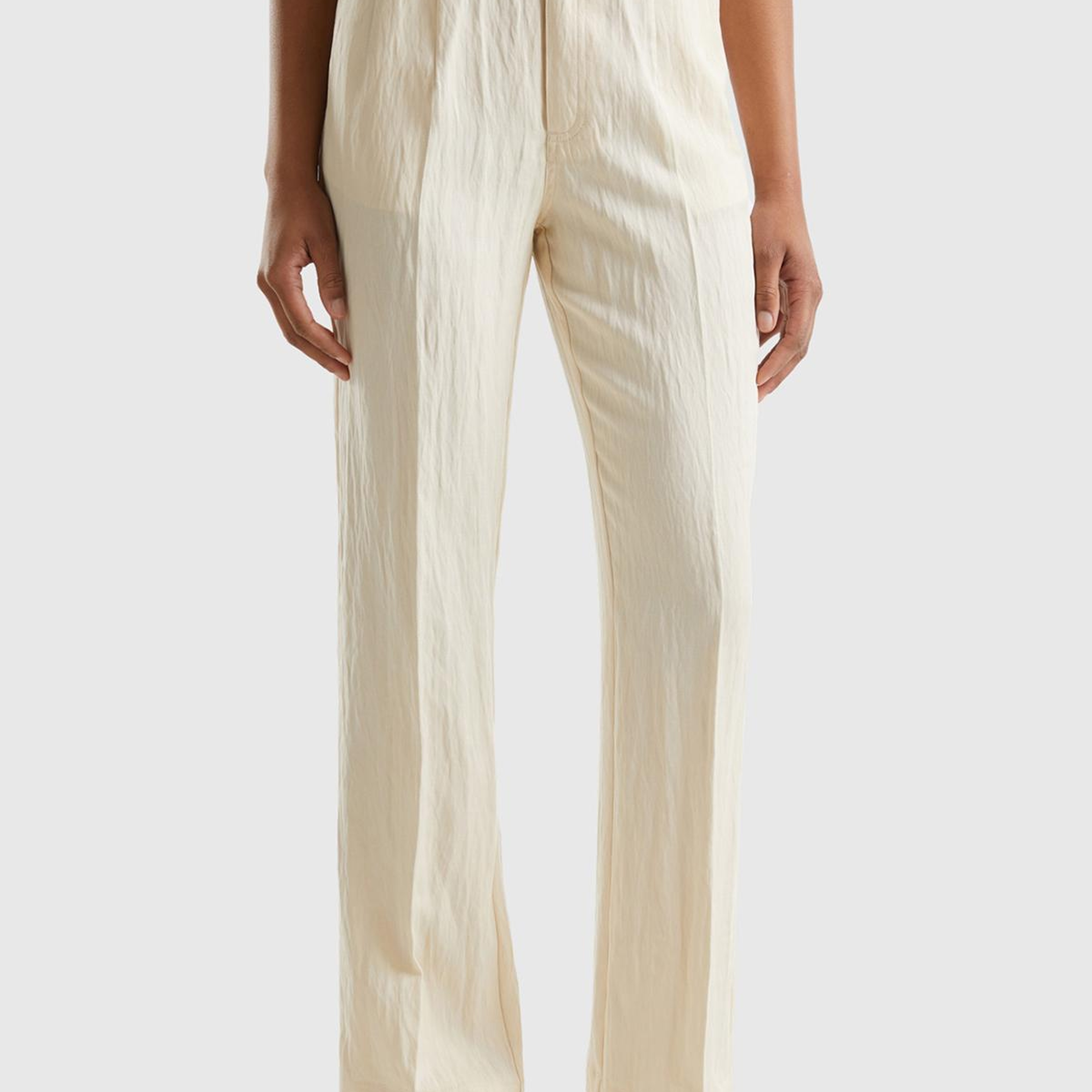 Kadın Bej Liyosel Karışımlı Çift Pileli  Pantolon