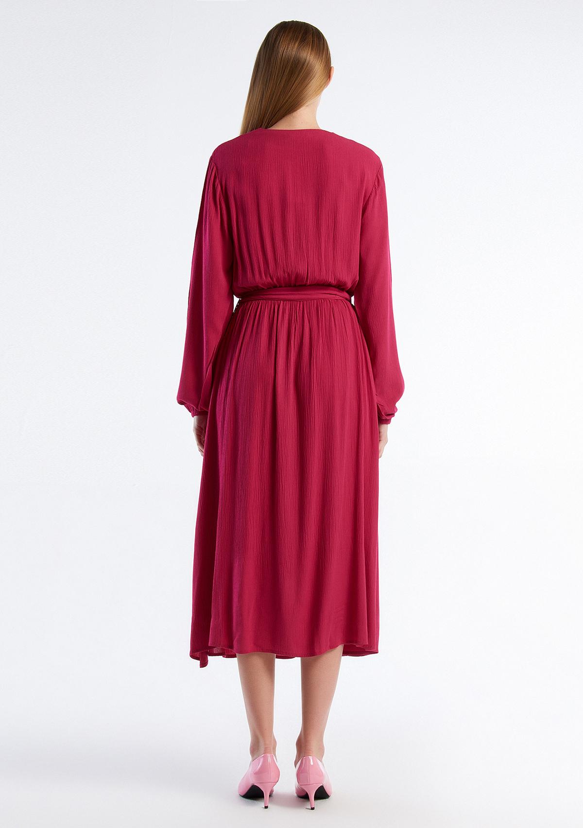 Kadın Fuşya %100 Viskoz Beli Kuşaklı Uzun Kollu Kruvaze Elbise