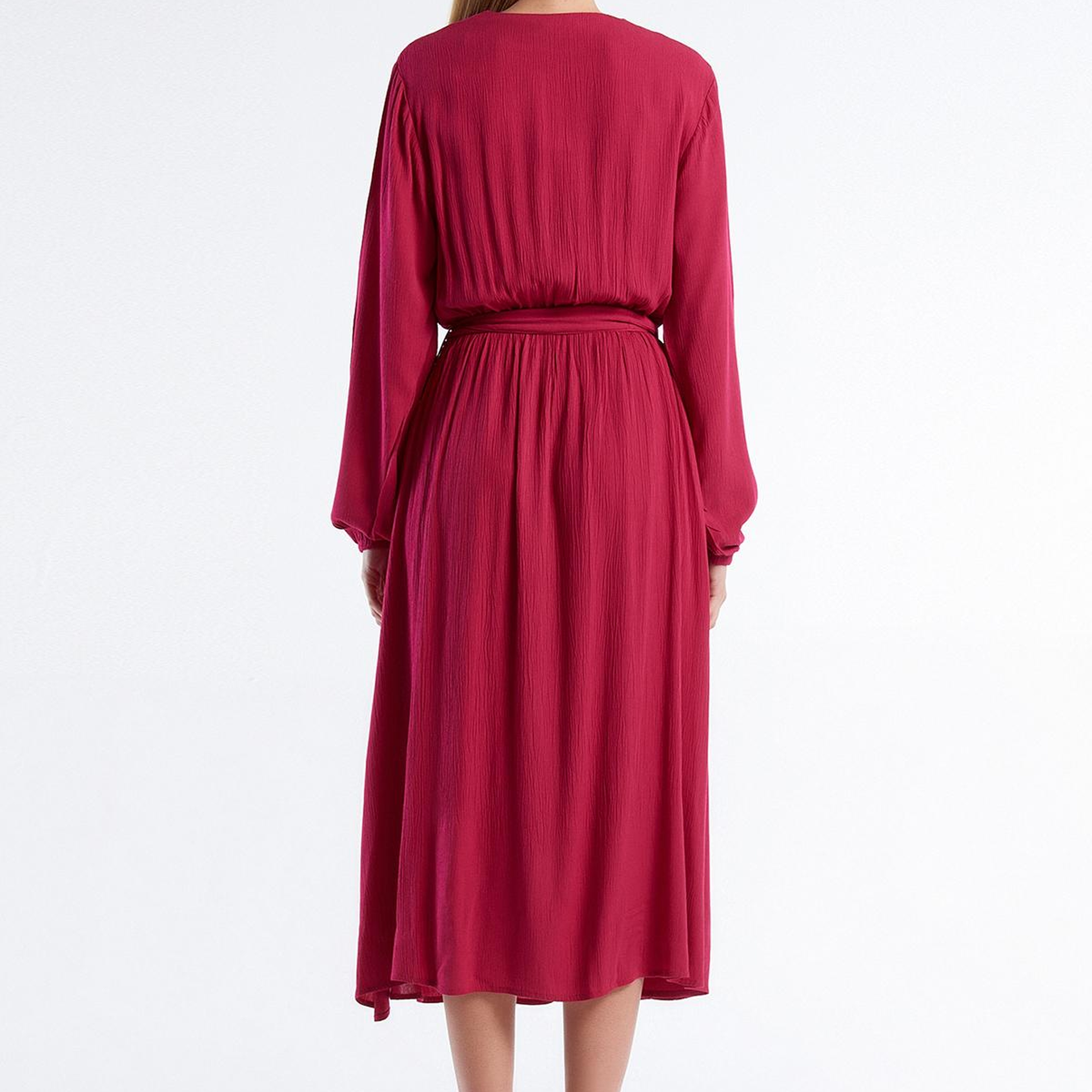 Kadın Fuşya %100 Viskoz Beli Kuşaklı Uzun Kollu Kruvaze Elbise